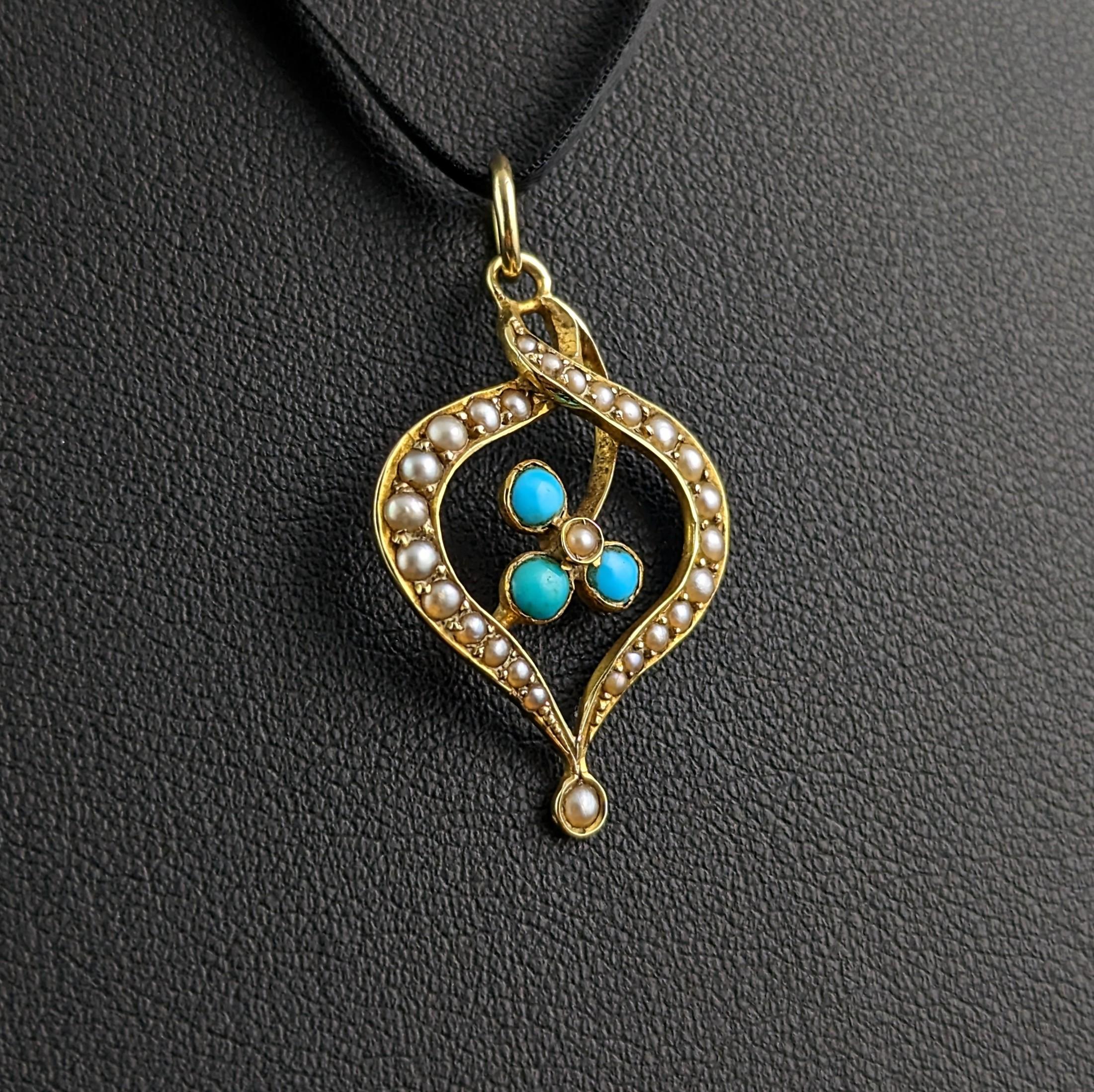 Cabochon Antique 15k gold Turquoise and Pearl shamrock pendant  For Sale