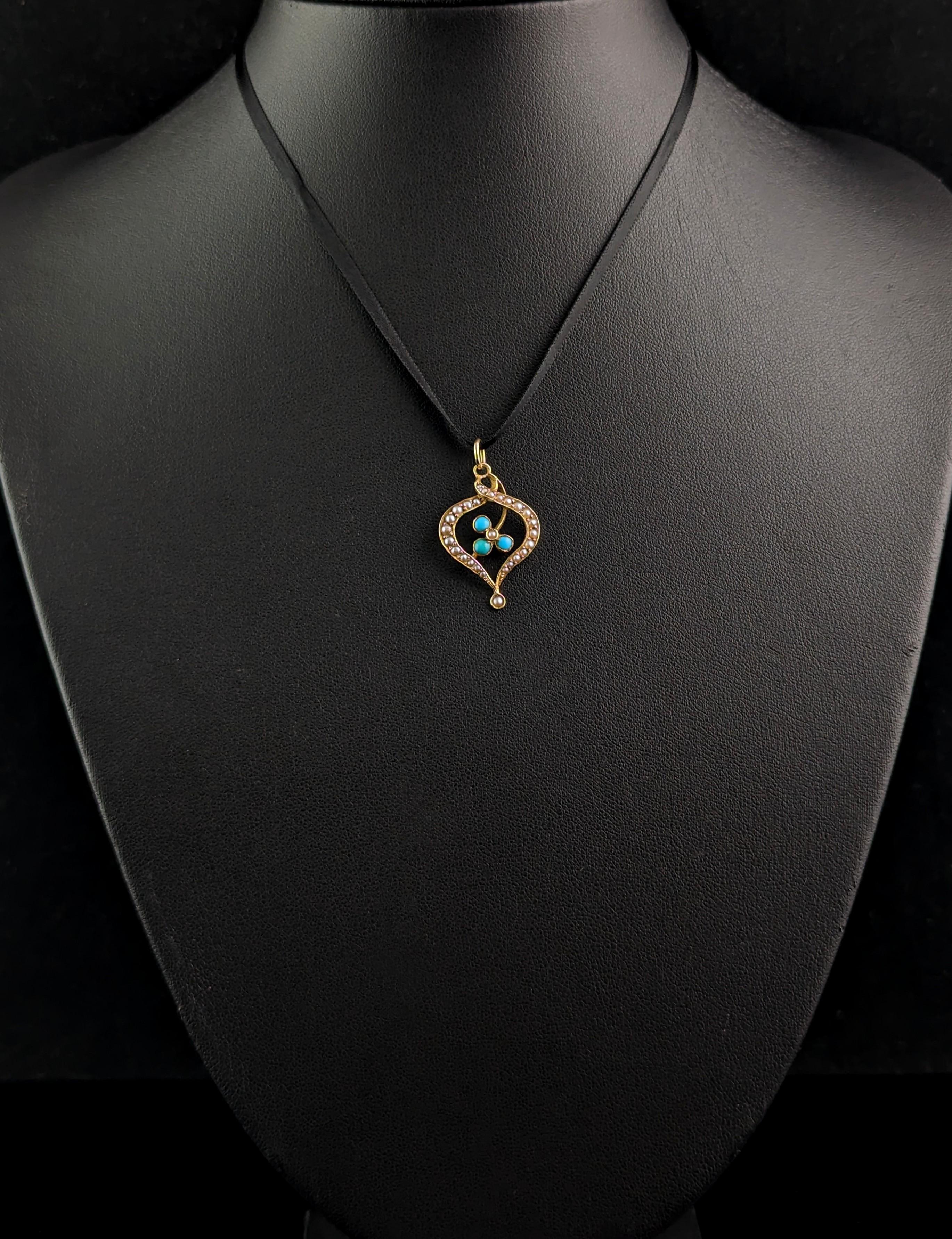 Women's Antique 15k gold Turquoise and Pearl shamrock pendant  For Sale
