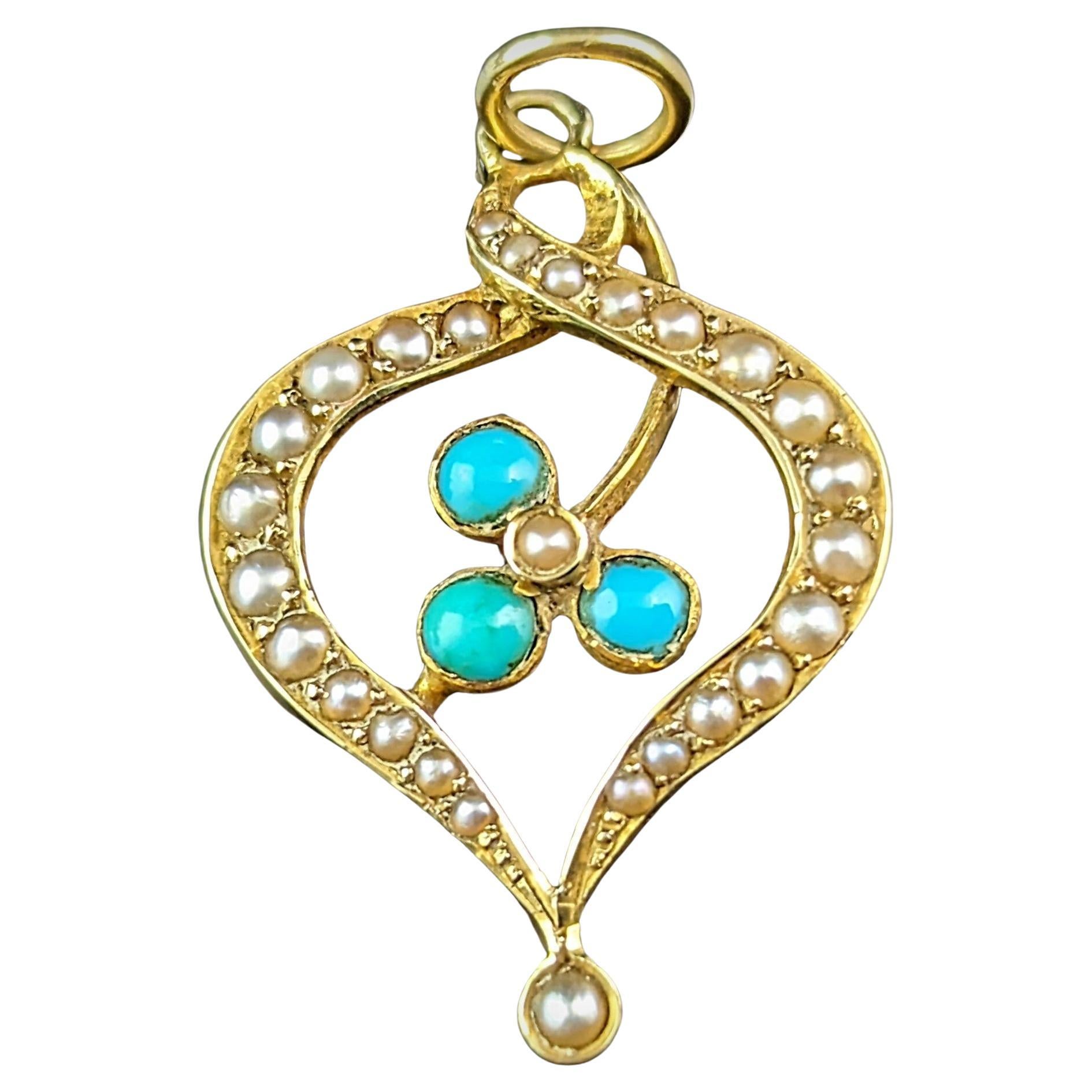 Antique 15k gold Turquoise and Pearl shamrock pendant  For Sale