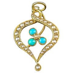 Antique 15k gold Turquoise and Pearl shamrock pendant 