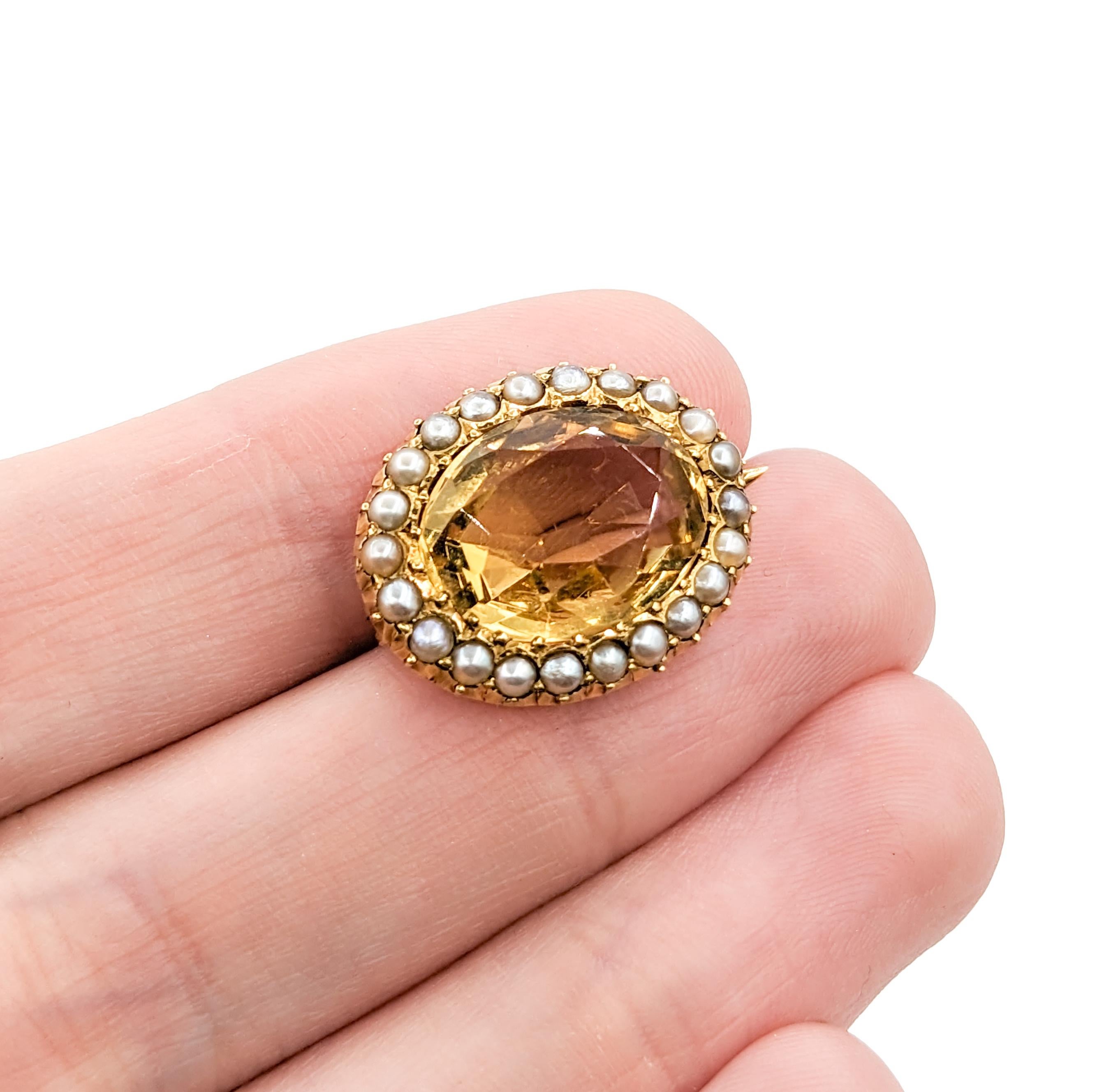 Belle Époque Antique 15k Oval Citrine & Seed Pearl Pin Brooch For Sale