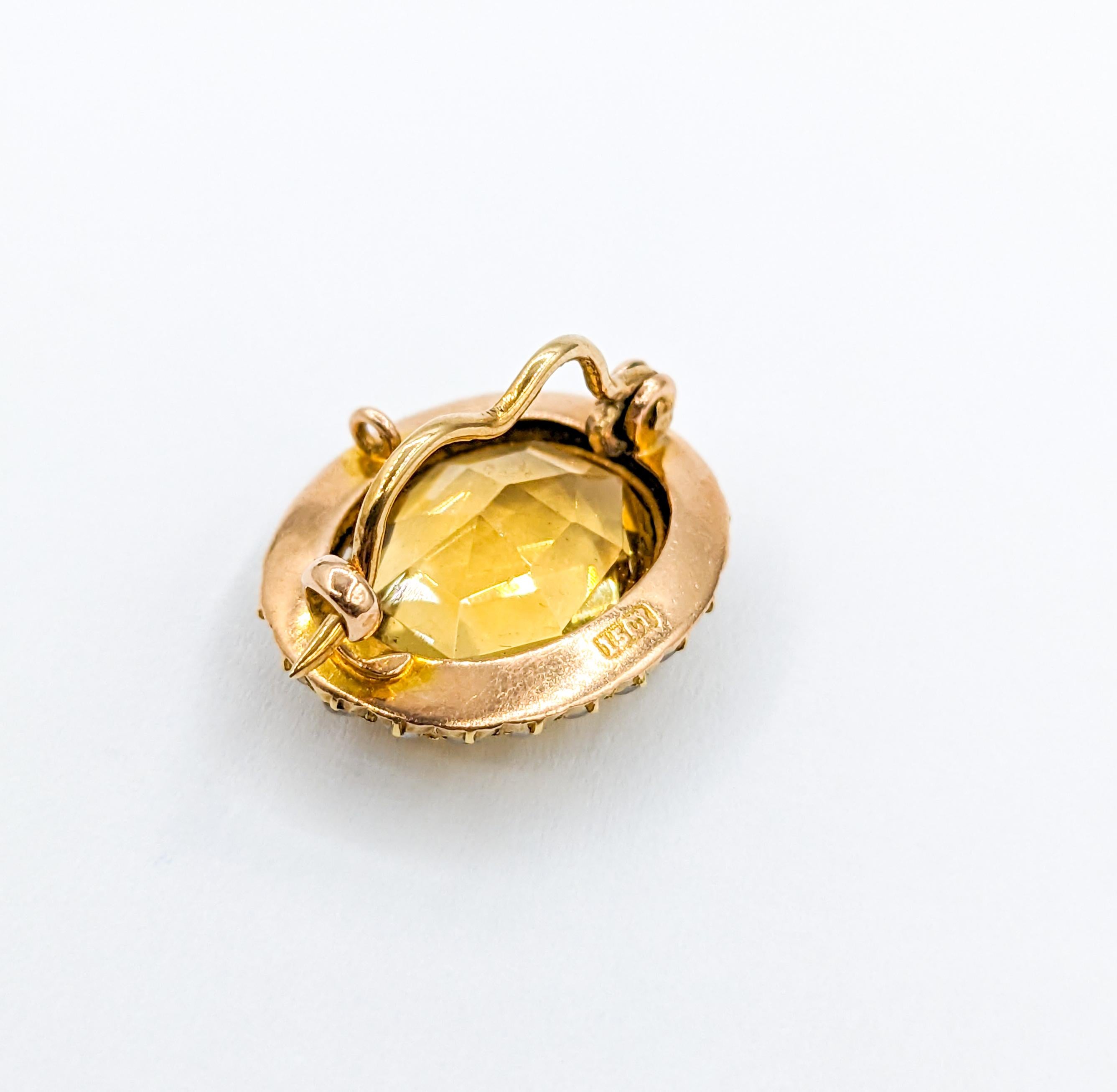 Broche ancienne 15 carats en citrine ovale et perles naturelles Bon état - En vente à Bloomington, MN