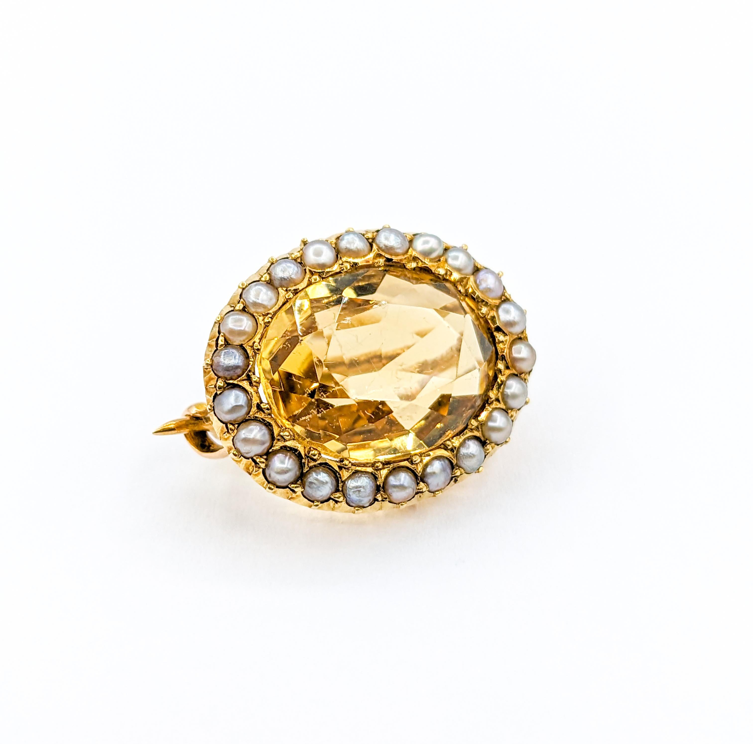 Antique 15k Oval Citrine & Seed Pearl Pin Brooch For Sale 1