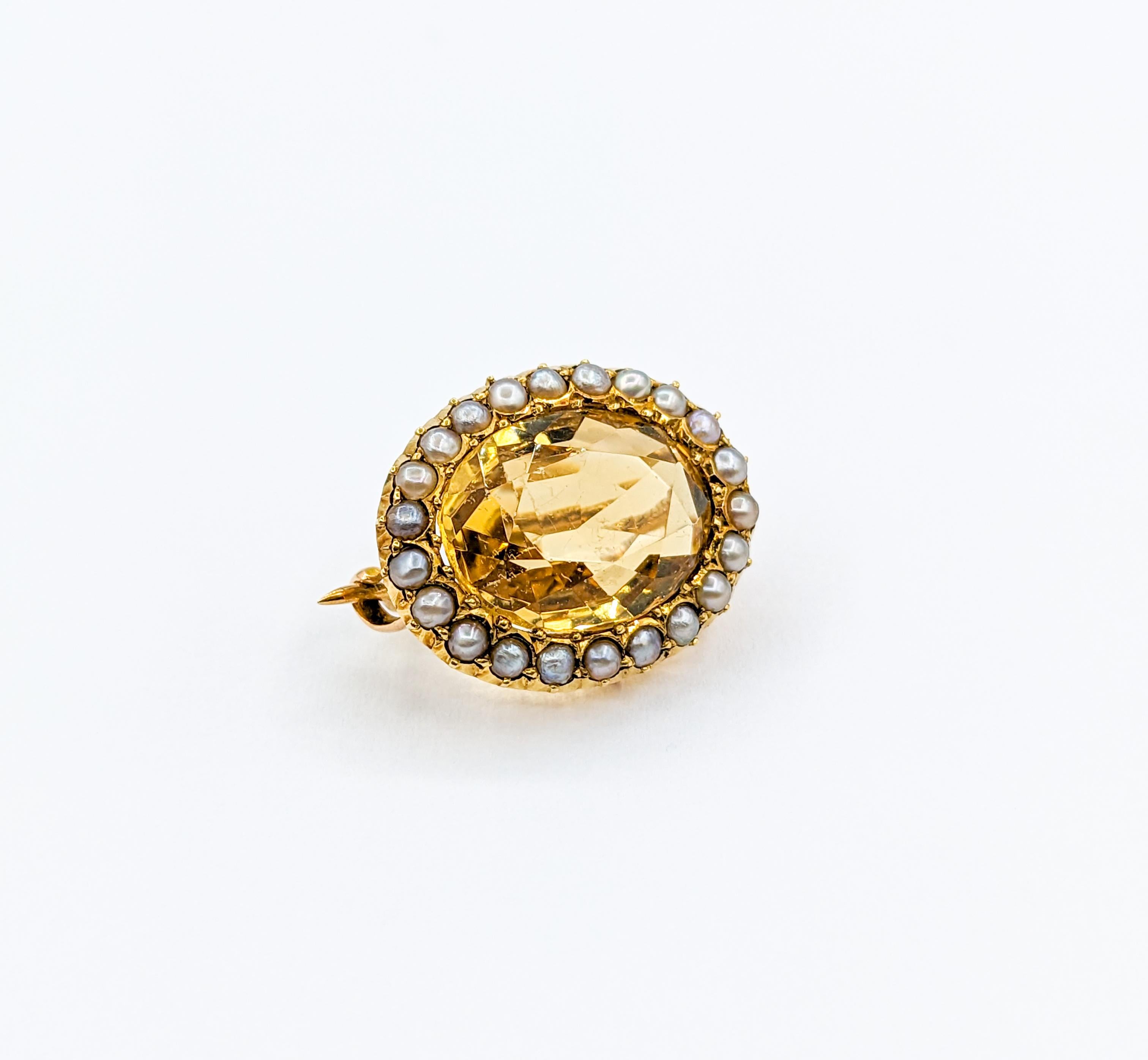 Antique 15k Oval Citrine & Seed Pearl Pin Brooch For Sale 2