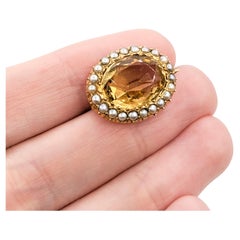 Antique 15k Oval Citrine & Seed Pearl Pin Brooch