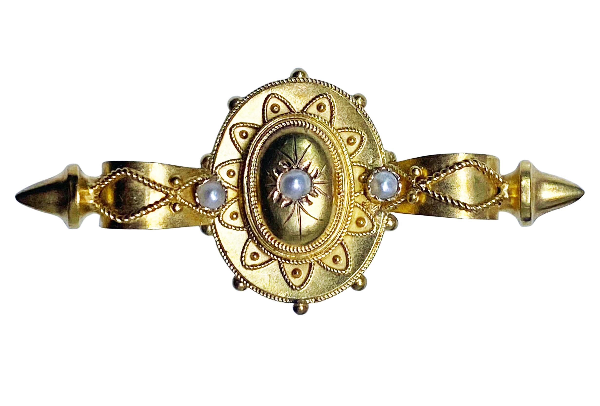 Antique 15k Pearl Etruscan Brooch English, circa 1875 In Good Condition In Toronto, ON