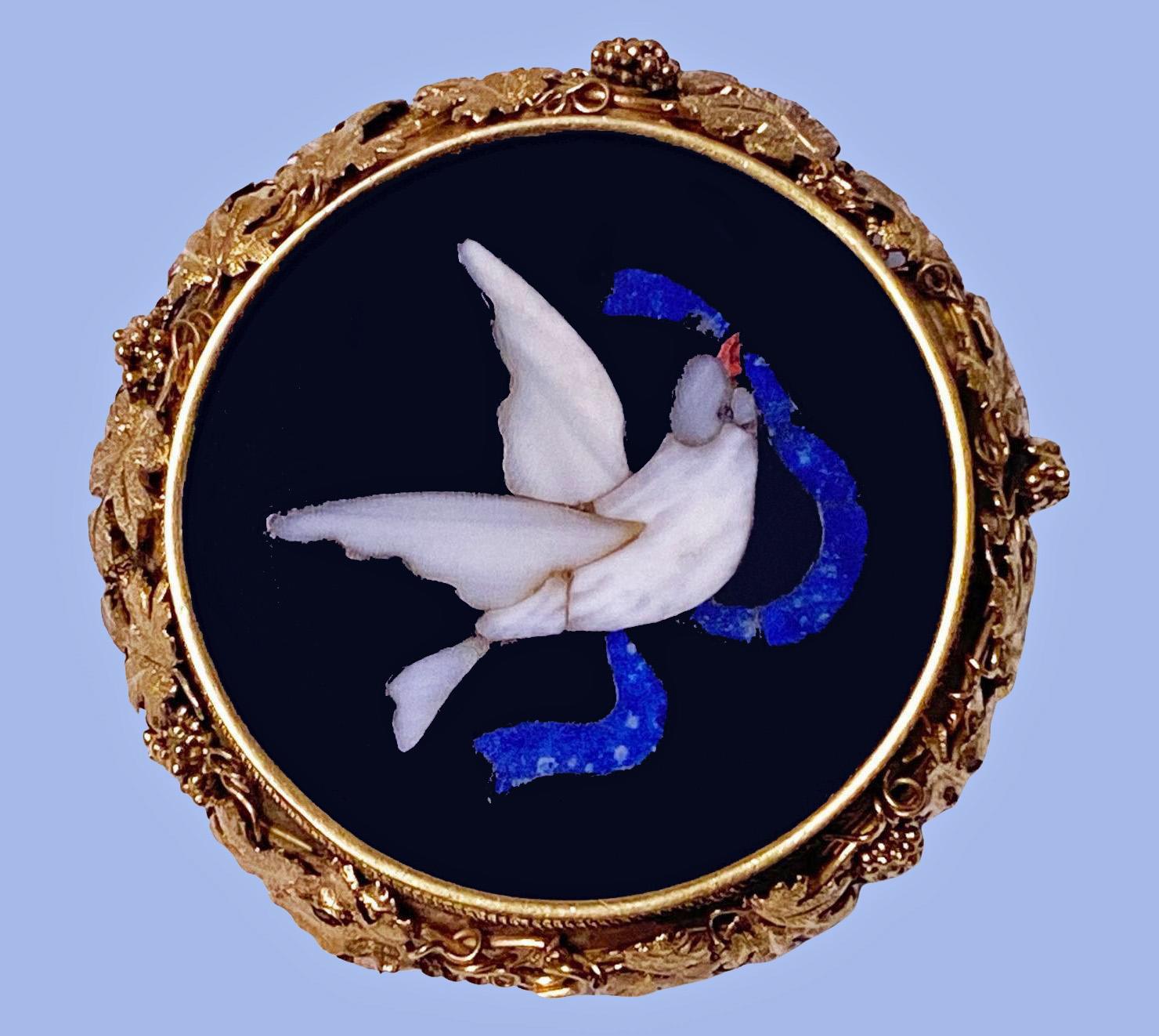 Women's or Men's Antique 15K Pietra Dura Dove Brooch, C. 1875