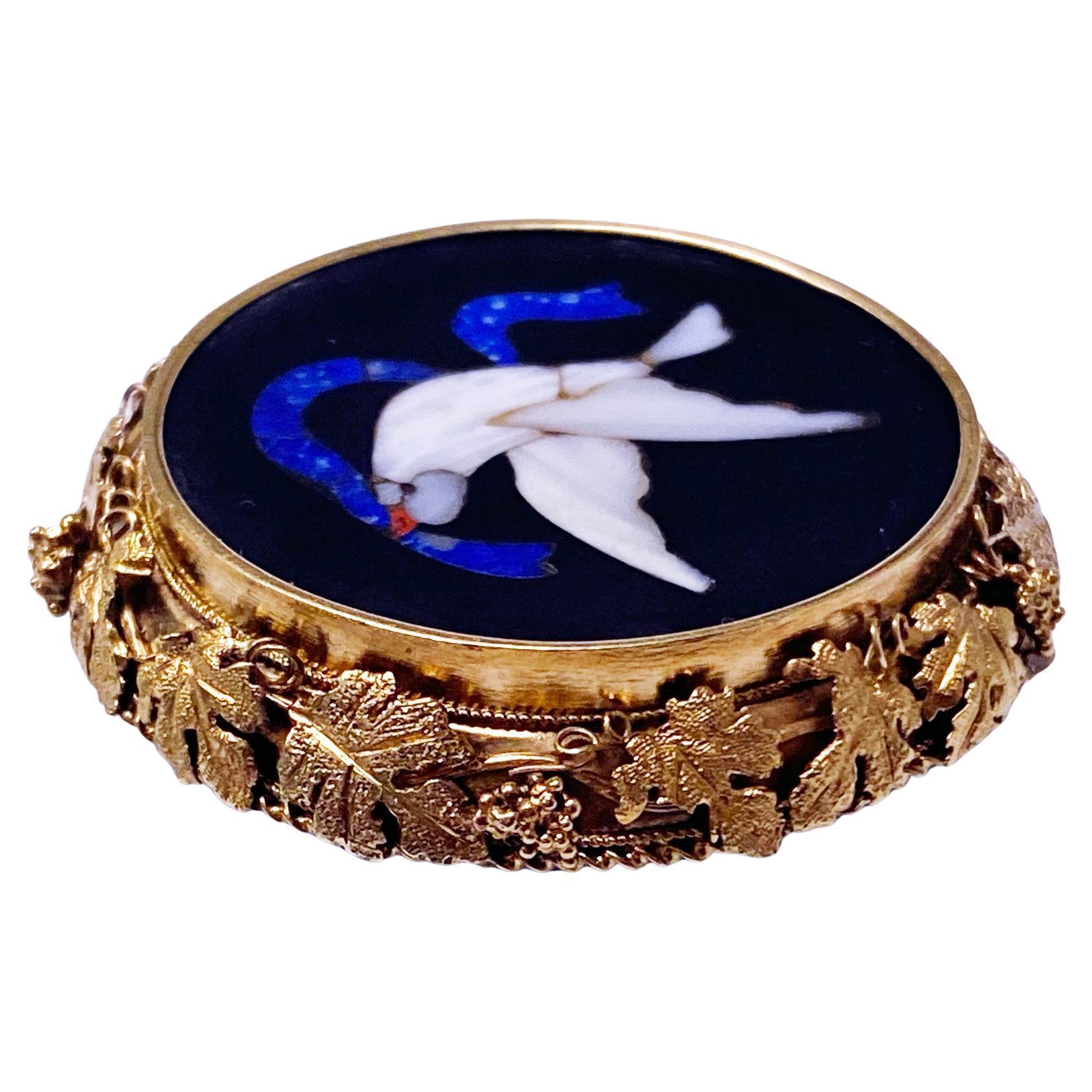 Antique 15K Pietra Dura Dove Brooch, C. 1875 1