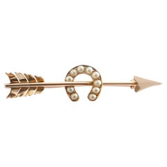 Antique 15k Rose Gold and Pearl Lucky Arrow and Horseshoe Brooch