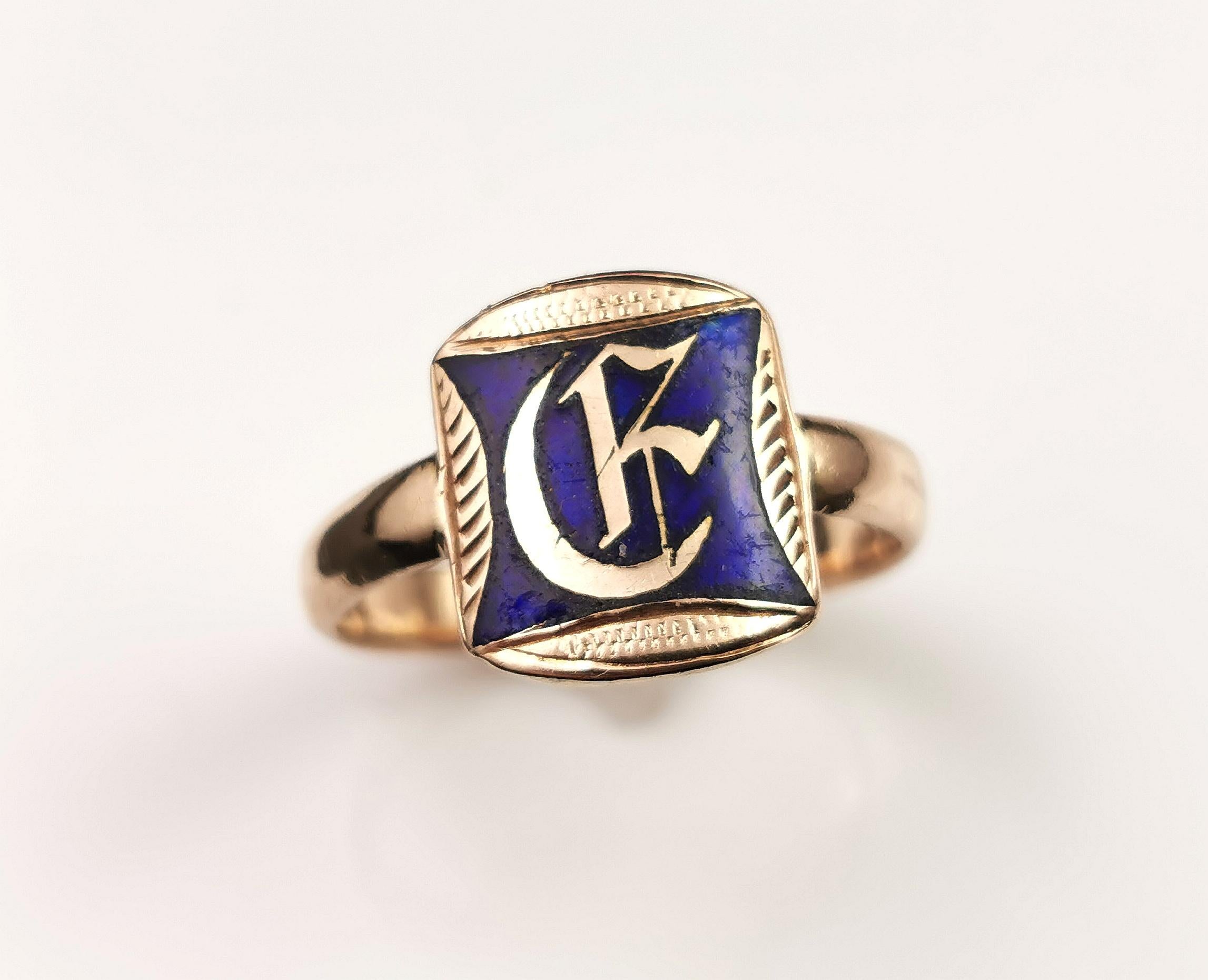 Antique 15k Rose Gold Monogram Signet Ring, Blue Enamel 4