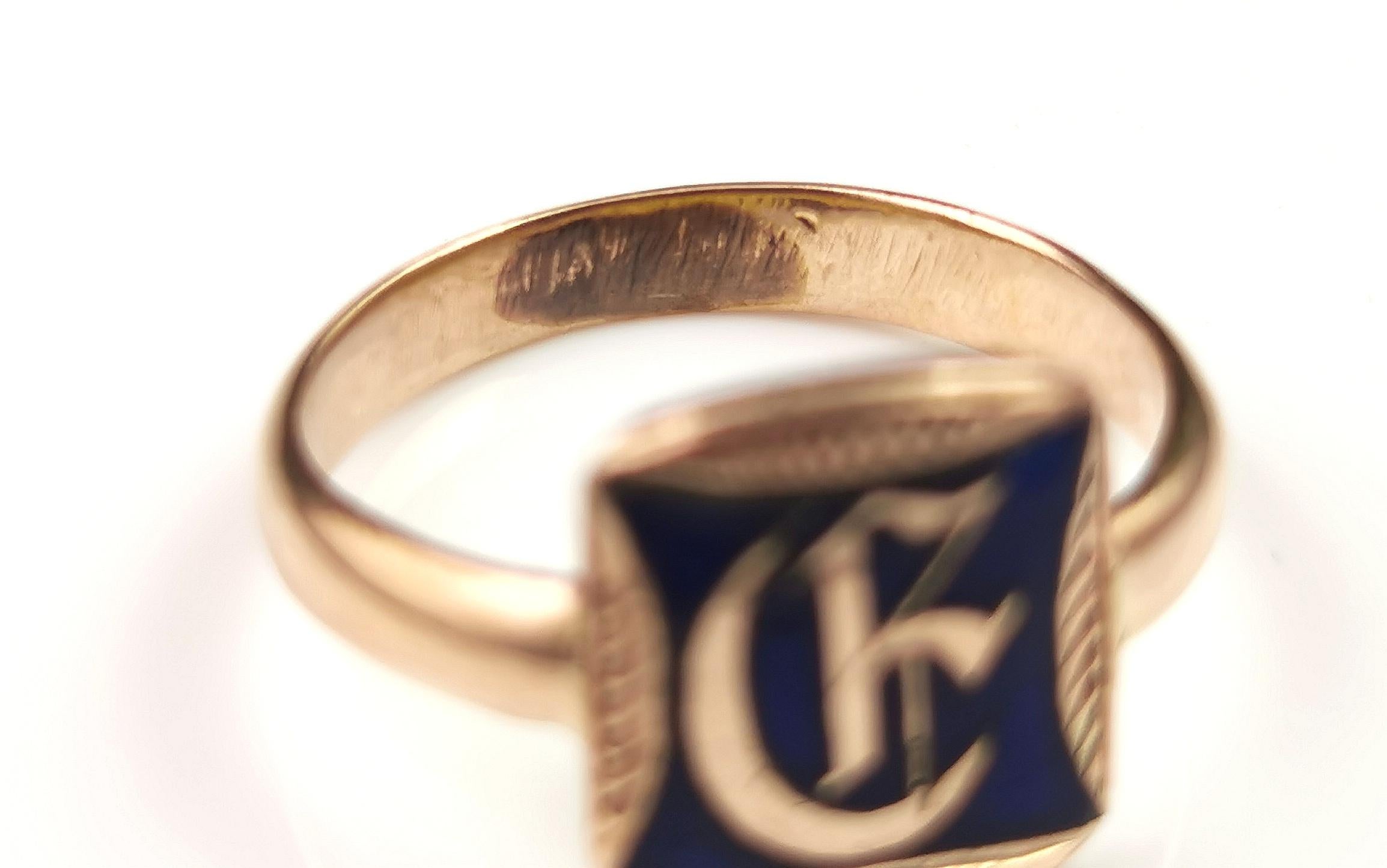 Antique 15k Rose Gold Monogram Signet Ring, Blue Enamel 5