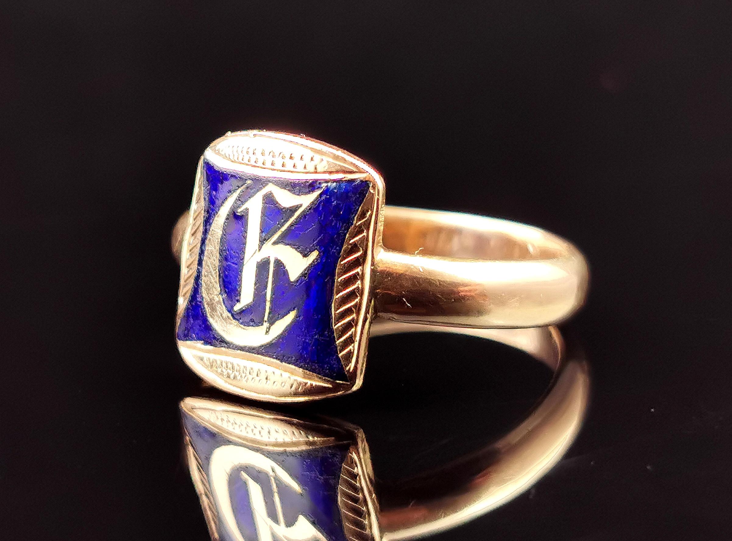 Victorian Antique 15k Rose Gold Monogram Signet Ring, Blue Enamel