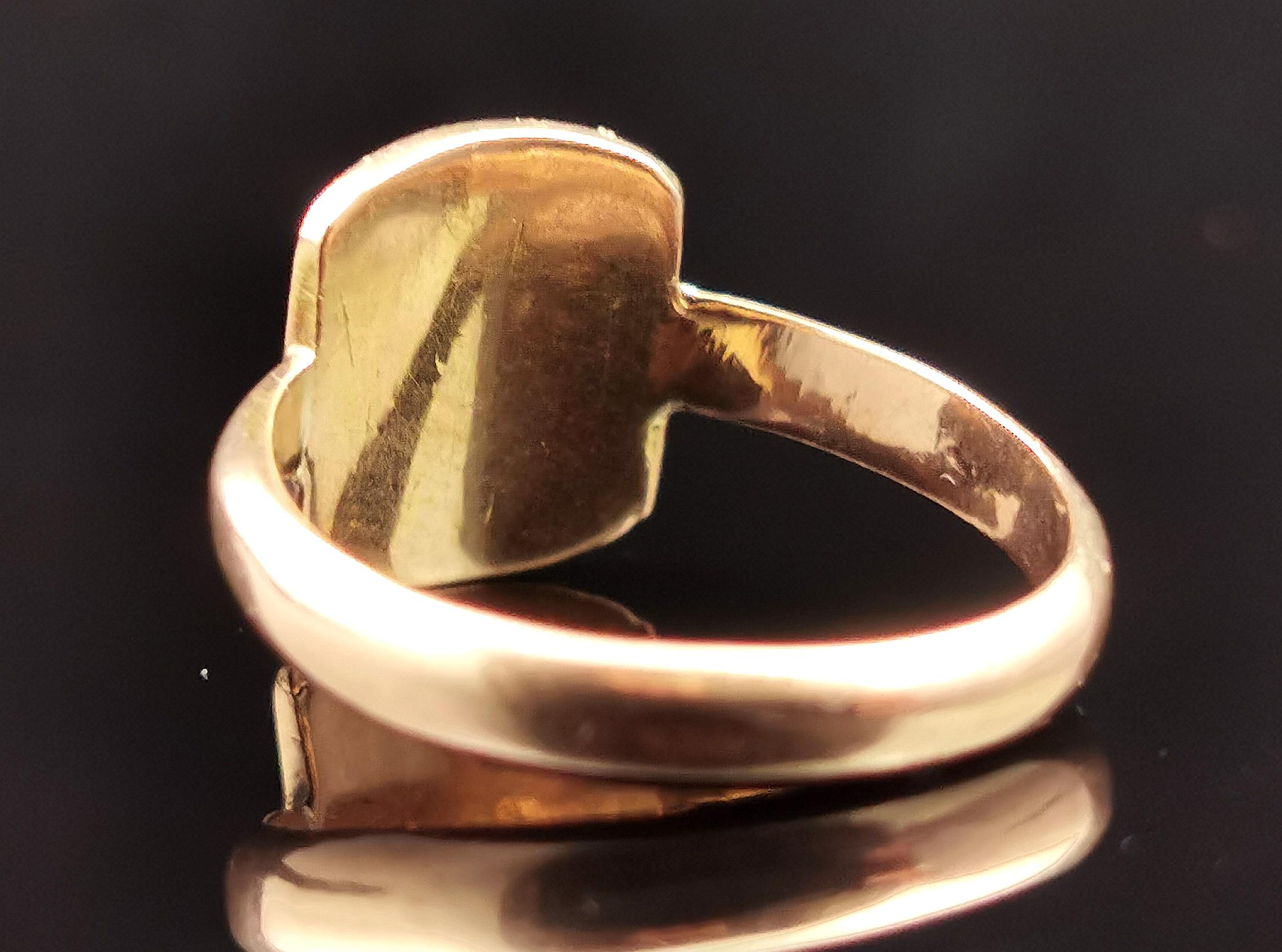 Antique 15k Rose Gold Monogram Signet Ring, Blue Enamel In Fair Condition In NEWARK, GB