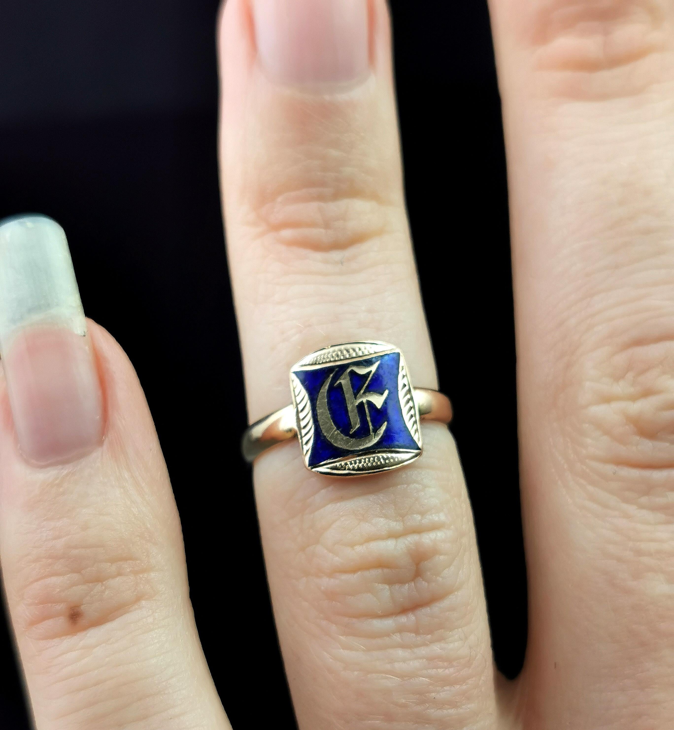 Women's or Men's Antique 15k Rose Gold Monogram Signet Ring, Blue Enamel