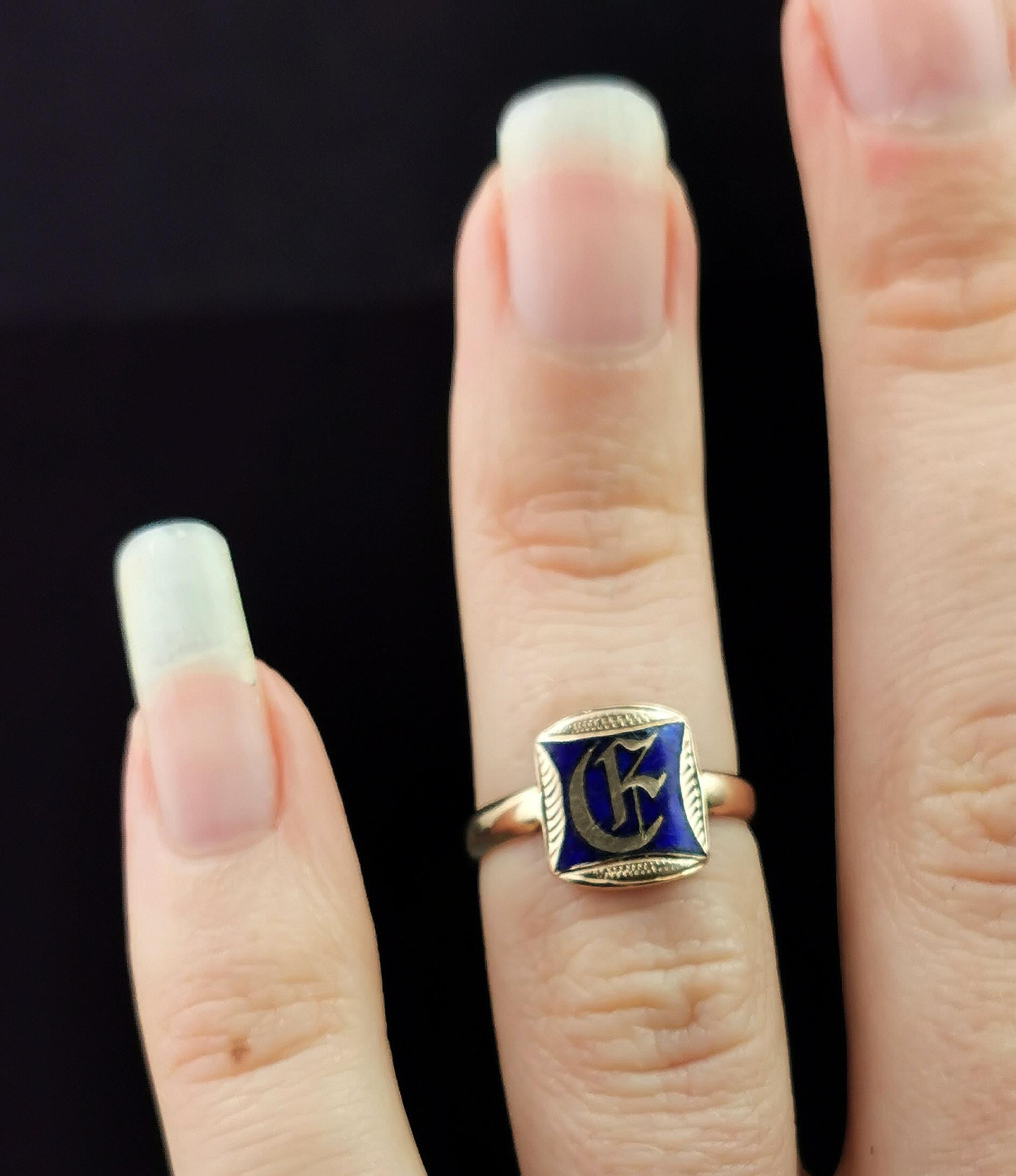 Antique 15k Rose Gold Monogram Signet Ring, Blue Enamel 1