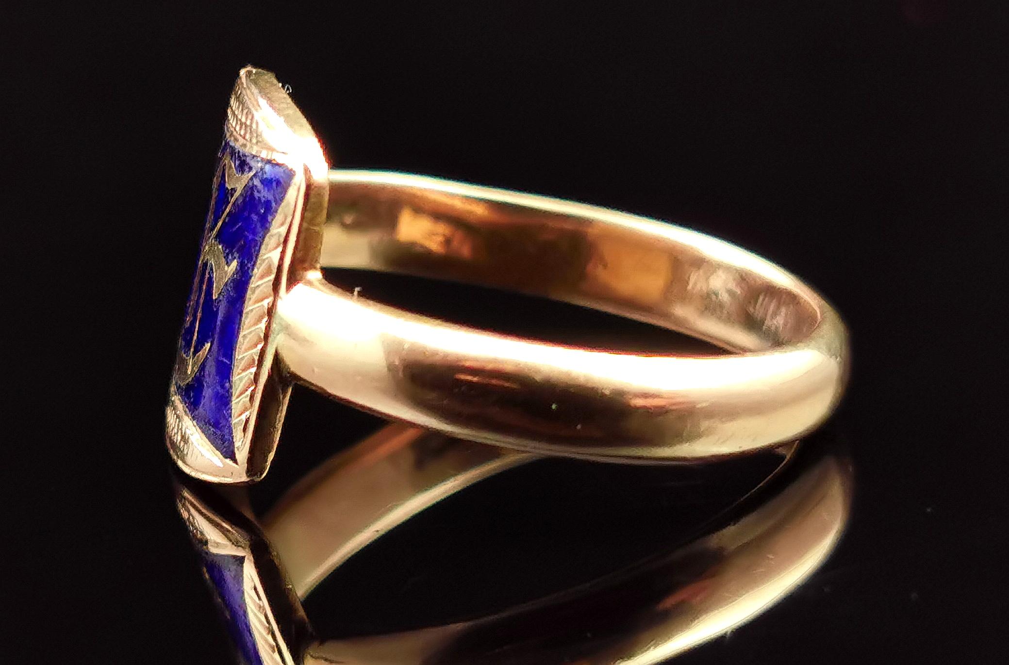 Antique 15k Rose Gold Monogram Signet Ring, Blue Enamel 2