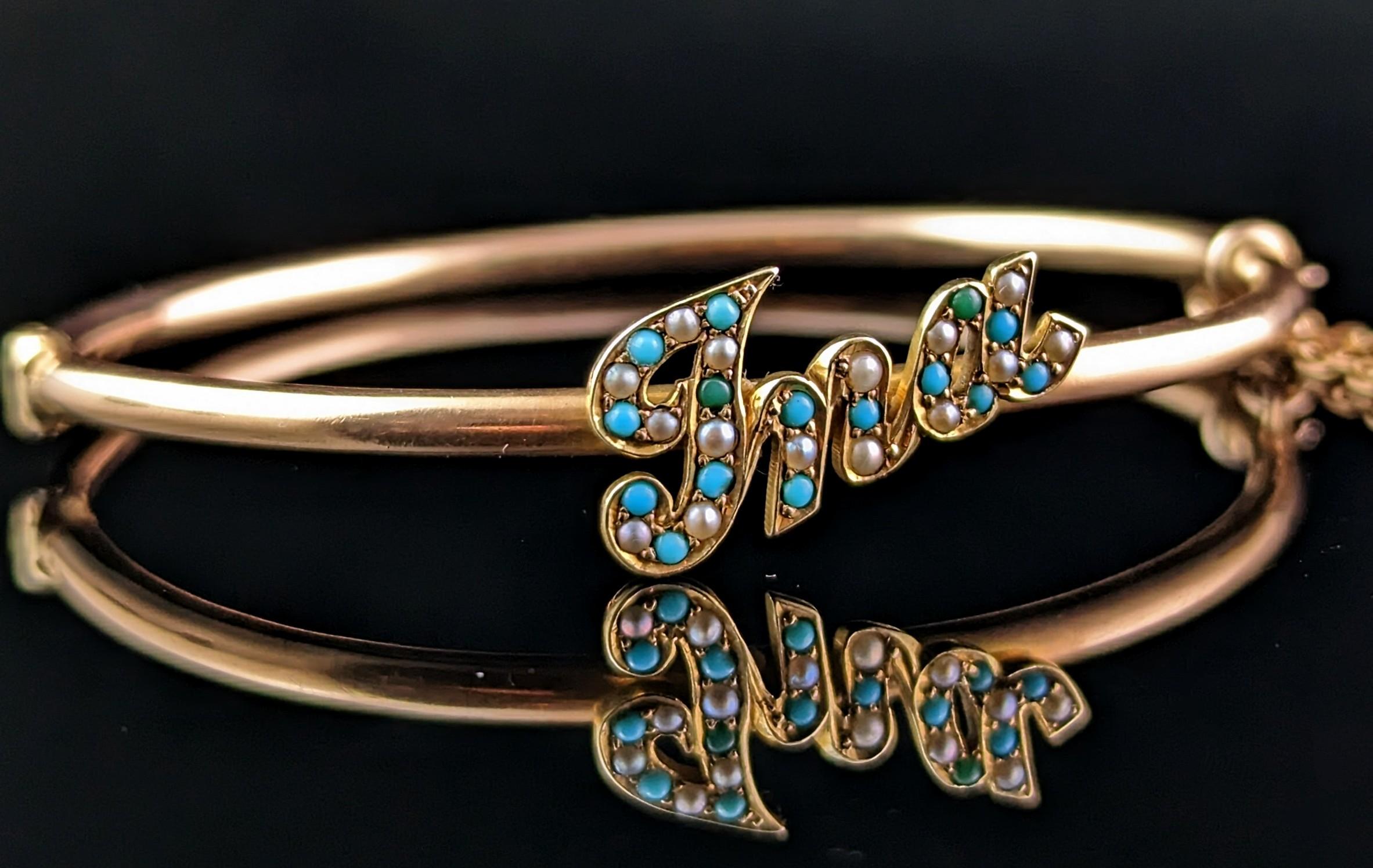 Antique 15k Rose Gold Name Bangle, Ina, Turquoise and Pearl 2
