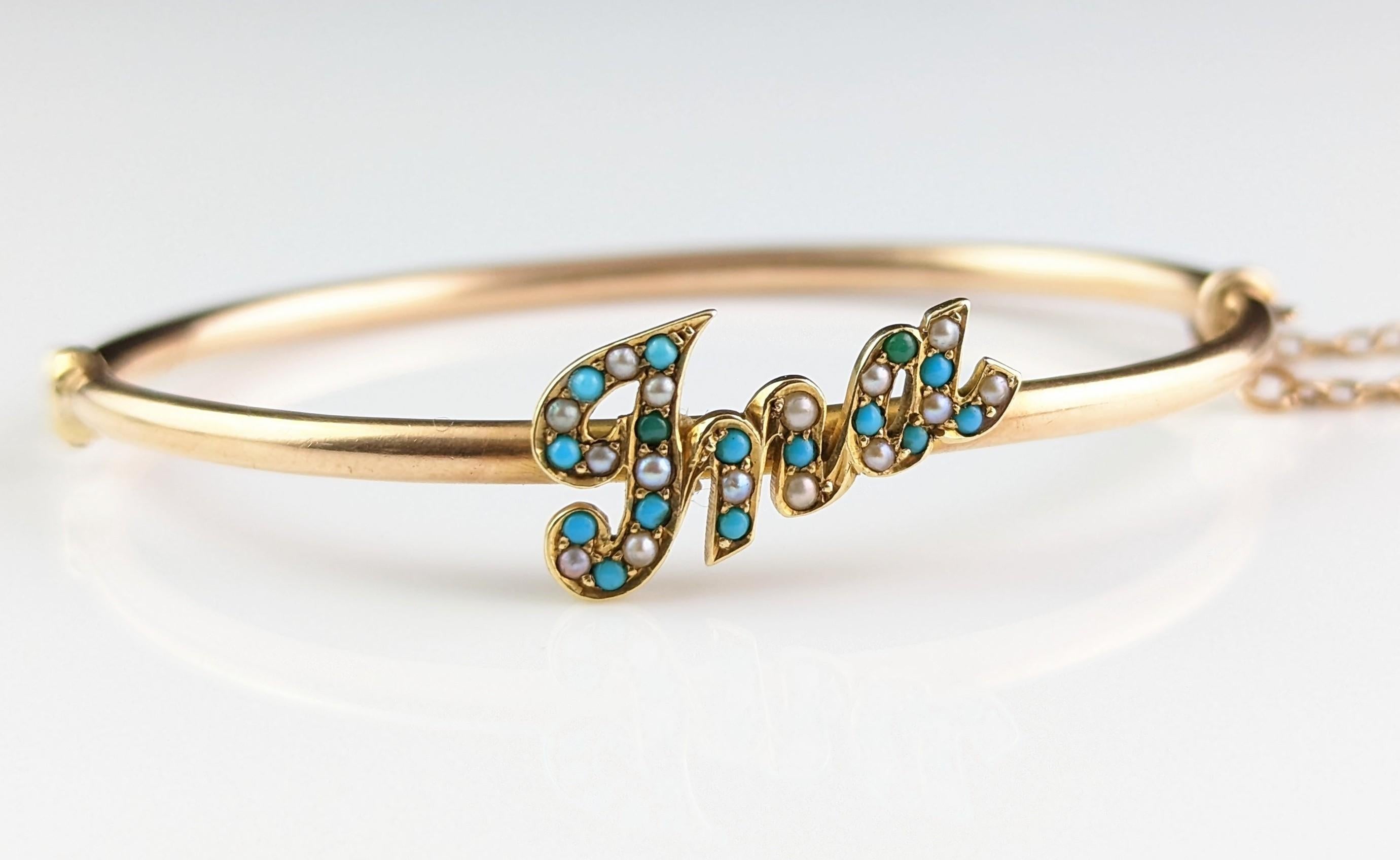 Antique 15k Rose Gold Name Bangle, Ina, Turquoise and Pearl 4