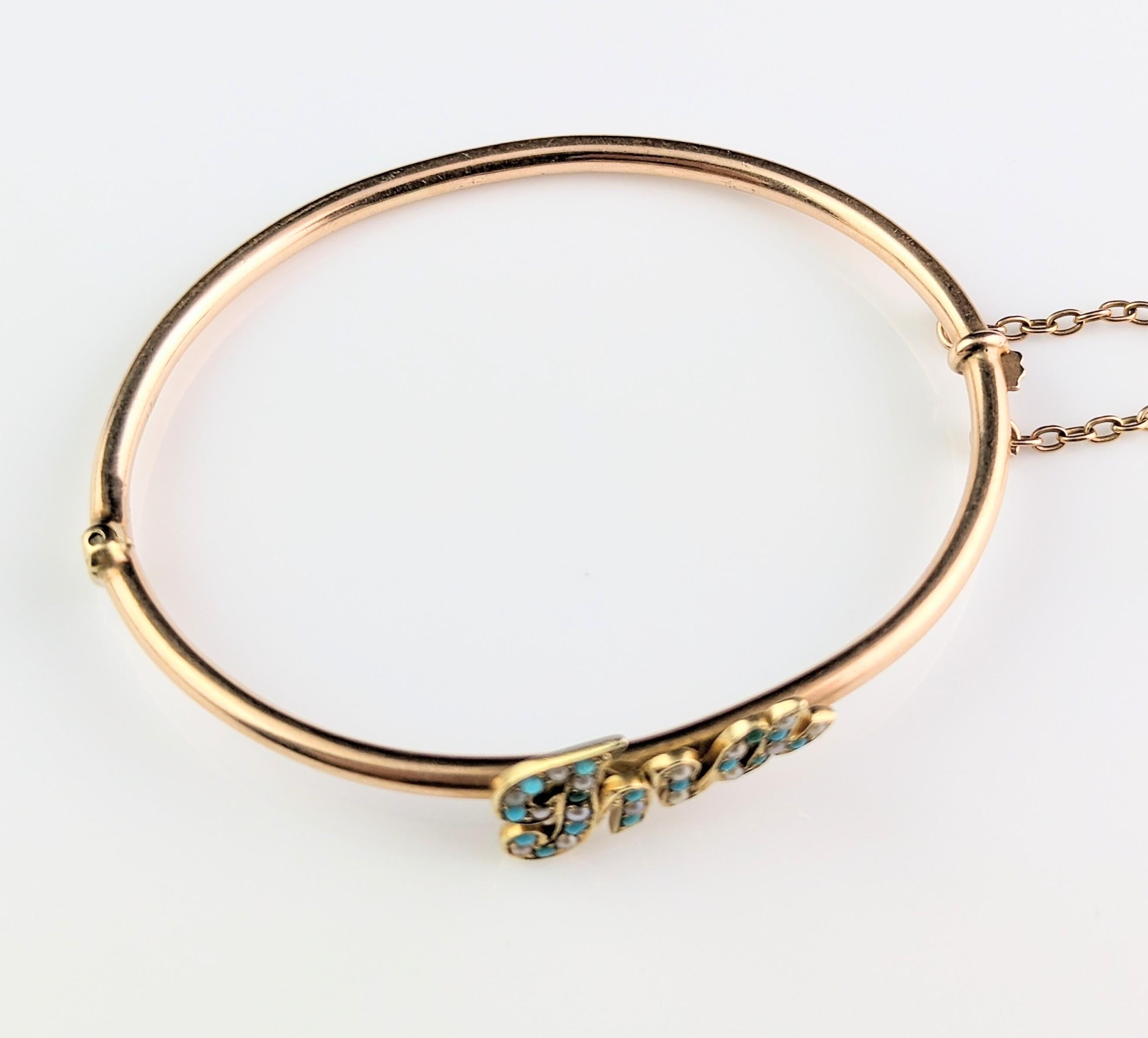 Antique 15k Rose Gold Name Bangle, Ina, Turquoise and Pearl 5