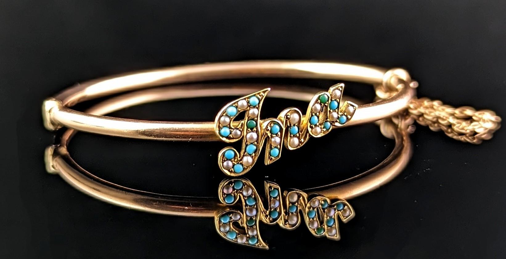 This antique 15ct gold name bangle is certainly unique and beautiful too!

It is a smaller sized bangle, possibly made for a child, a gorgeous example of an identity bracelet for a beloved daughter or granddaughter perhaps.

It has a slender and
