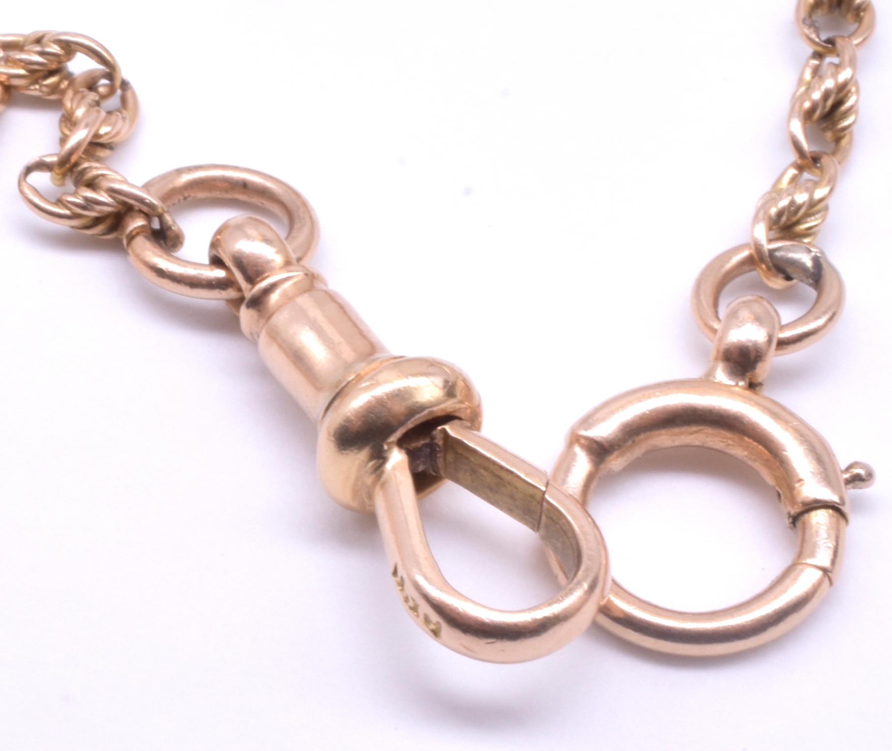 Antique 15 Karat Double Fetter and Love knot Link Watch Chain, 51” In Excellent Condition For Sale In Baltimore, MD