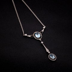 Antique 15K White Gold & Platinum 1.7tgw Aquamarine and Old Cut Diamond Necklace