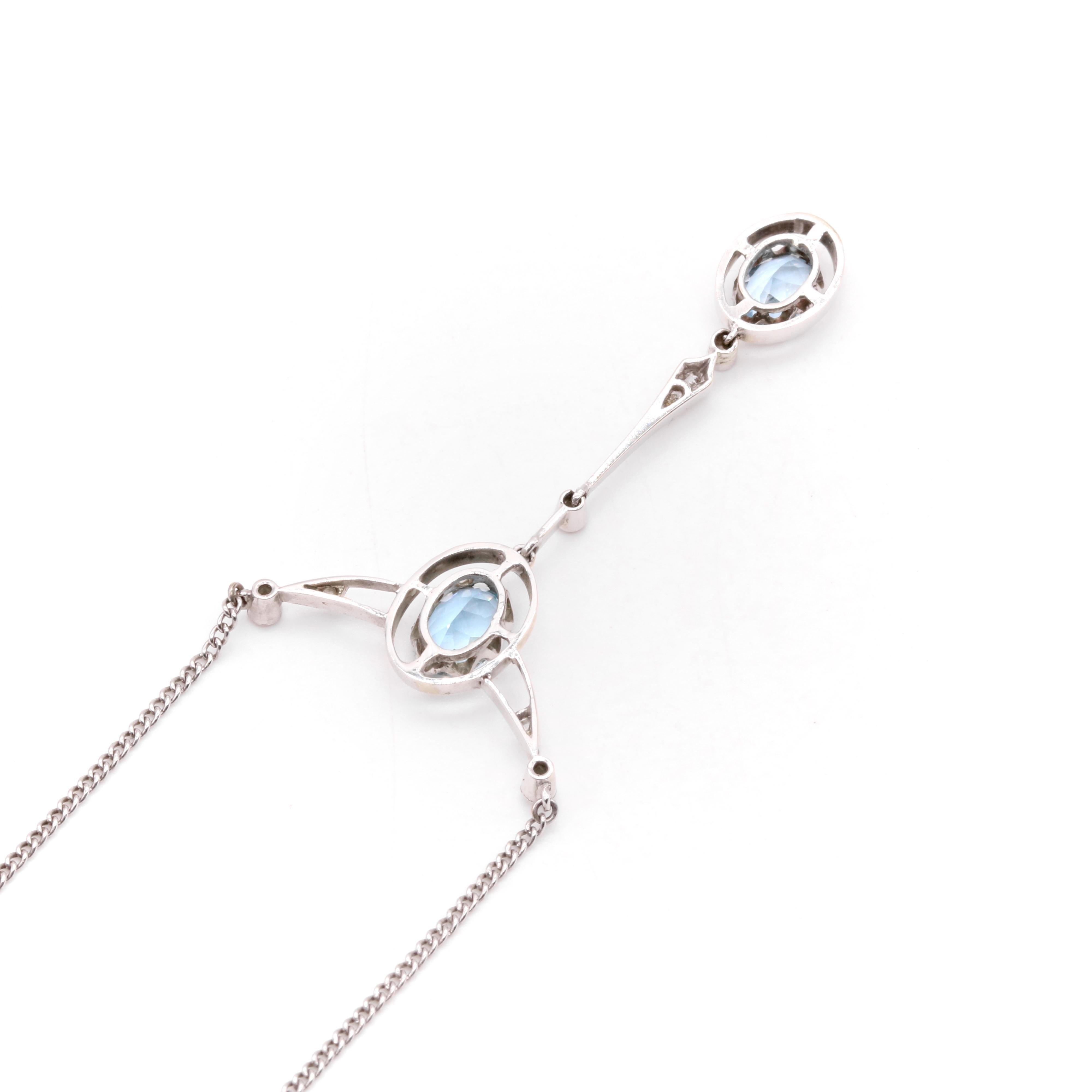 Antique 15K White Gold & Platinum 1.7tgw Aquamarine and Old Cut Diamond Necklace For Sale 2