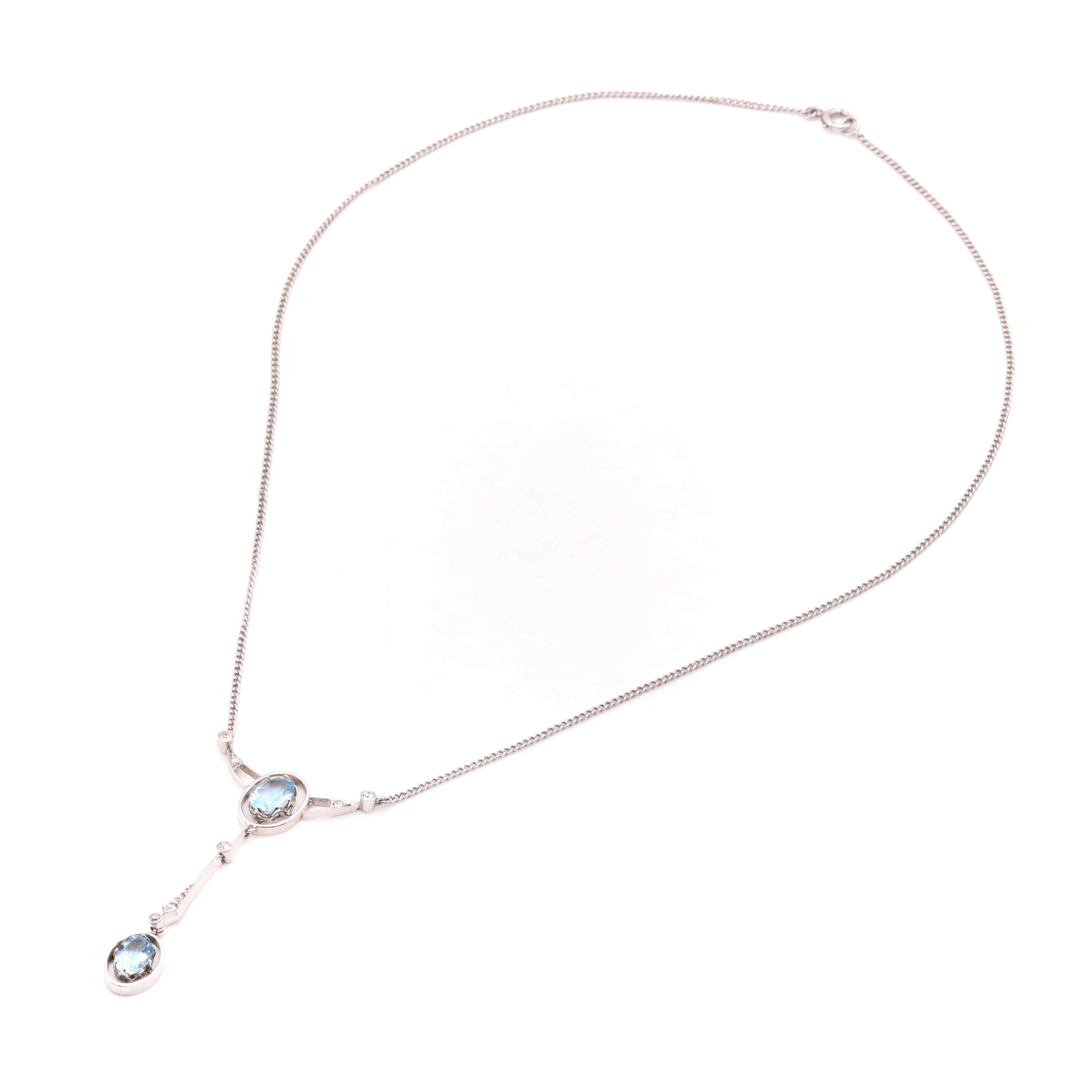 Antique 15K White Gold & Platinum 1.7tgw Aquamarine and Old Cut Diamond Necklace For Sale 3