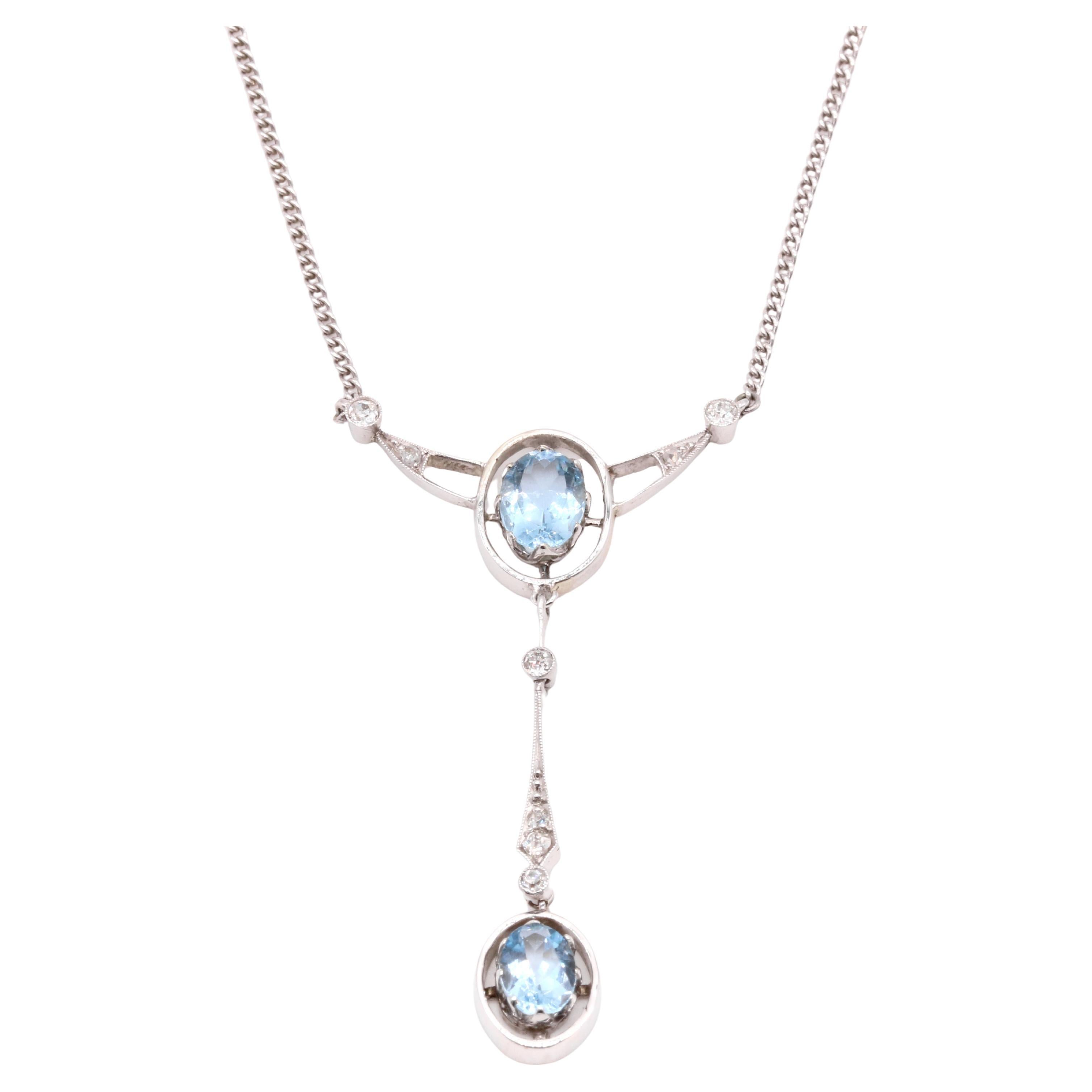 Antique 15K White Gold & Platinum 1.7tgw Aquamarine and Old Cut Diamond Necklace
