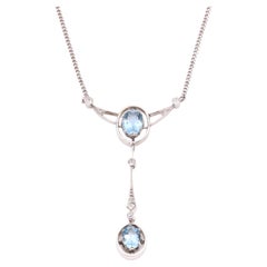 Antique 15K White Gold & Platinum 1.7tgw Aquamarine and Old Cut Diamond Necklace