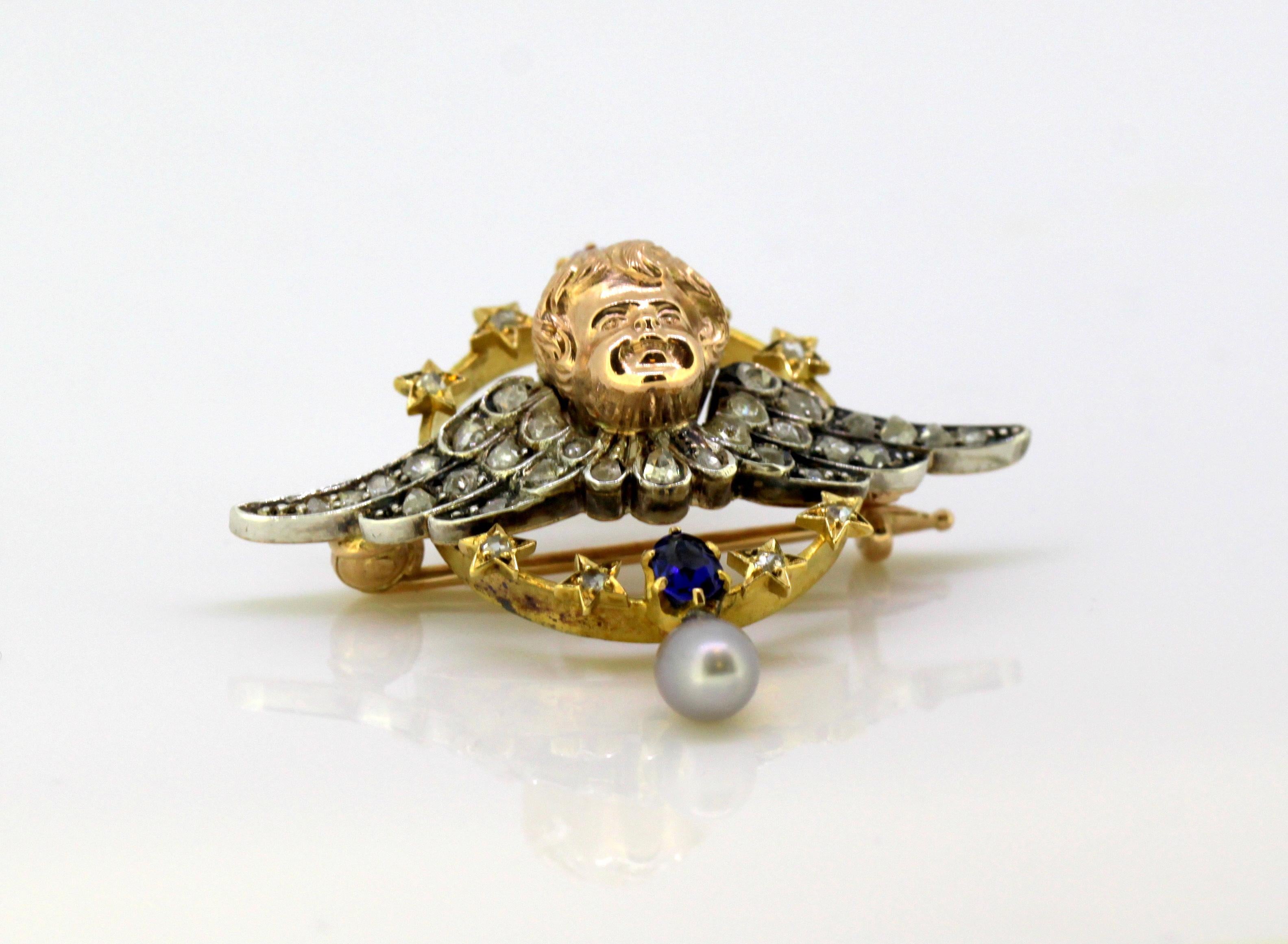 Antique 15 Karat Yellow Gold and Sterling Silver Brooch, Prague, 1880s 3