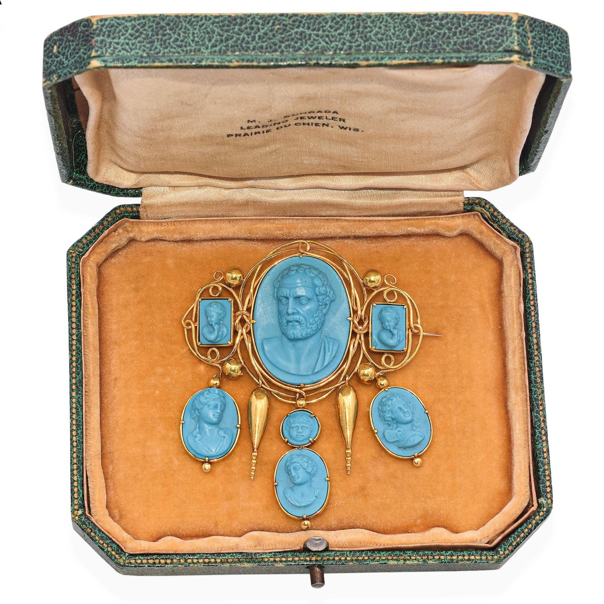 Cabochon Antique 15K Yellow Gold Demosthenes & the 3 Ages of Life Turquoise Cameo Brooch For Sale