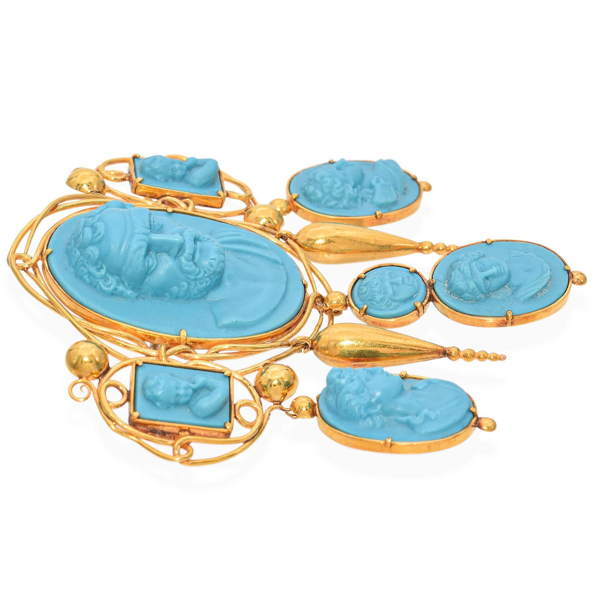 Antique 15K Yellow Gold Demosthenes & the 3 Ages of Life Turquoise Cameo Brooch In Good Condition For Sale In New York, NY