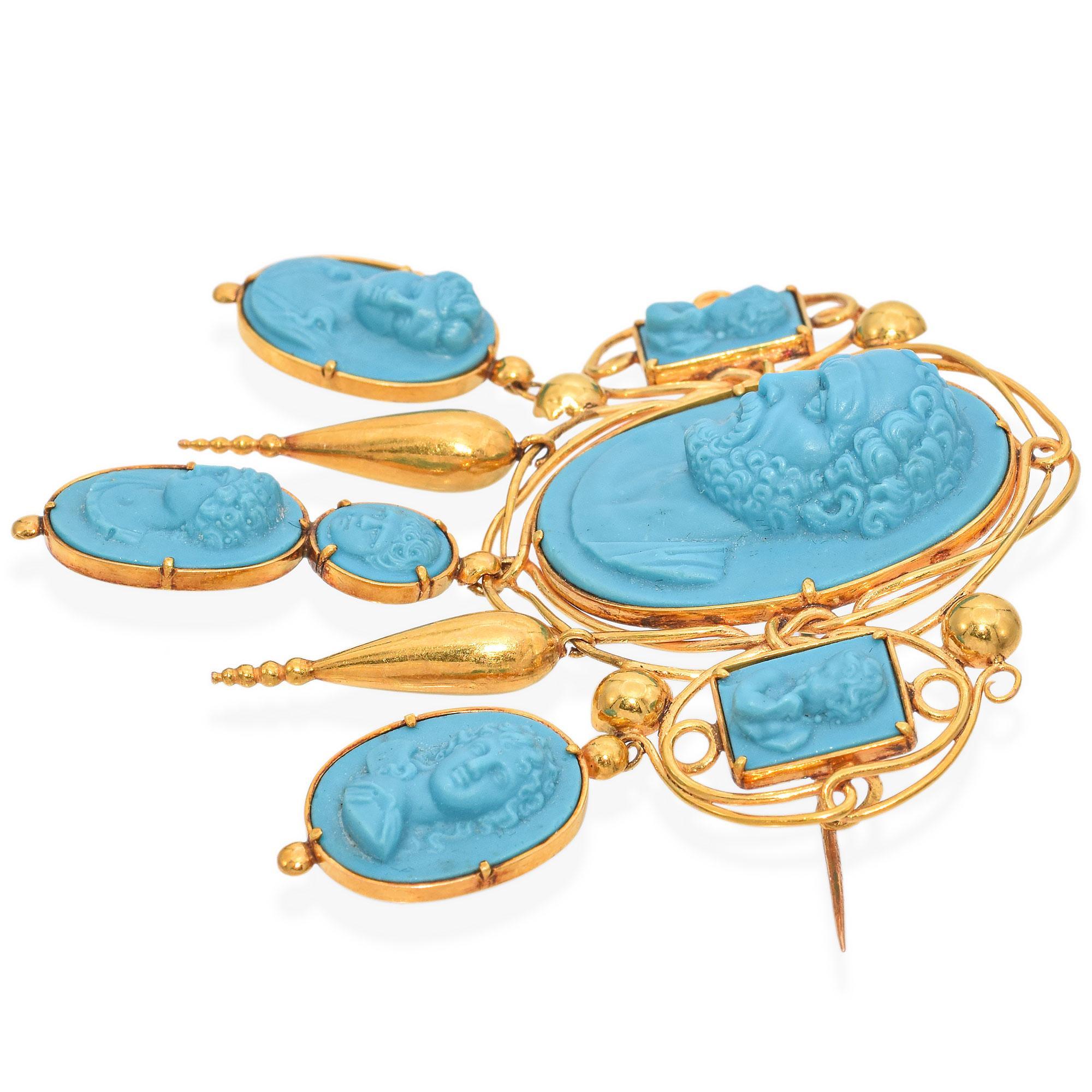 Women's Antique 15K Yellow Gold Demosthenes & the 3 Ages of Life Turquoise Cameo Brooch For Sale