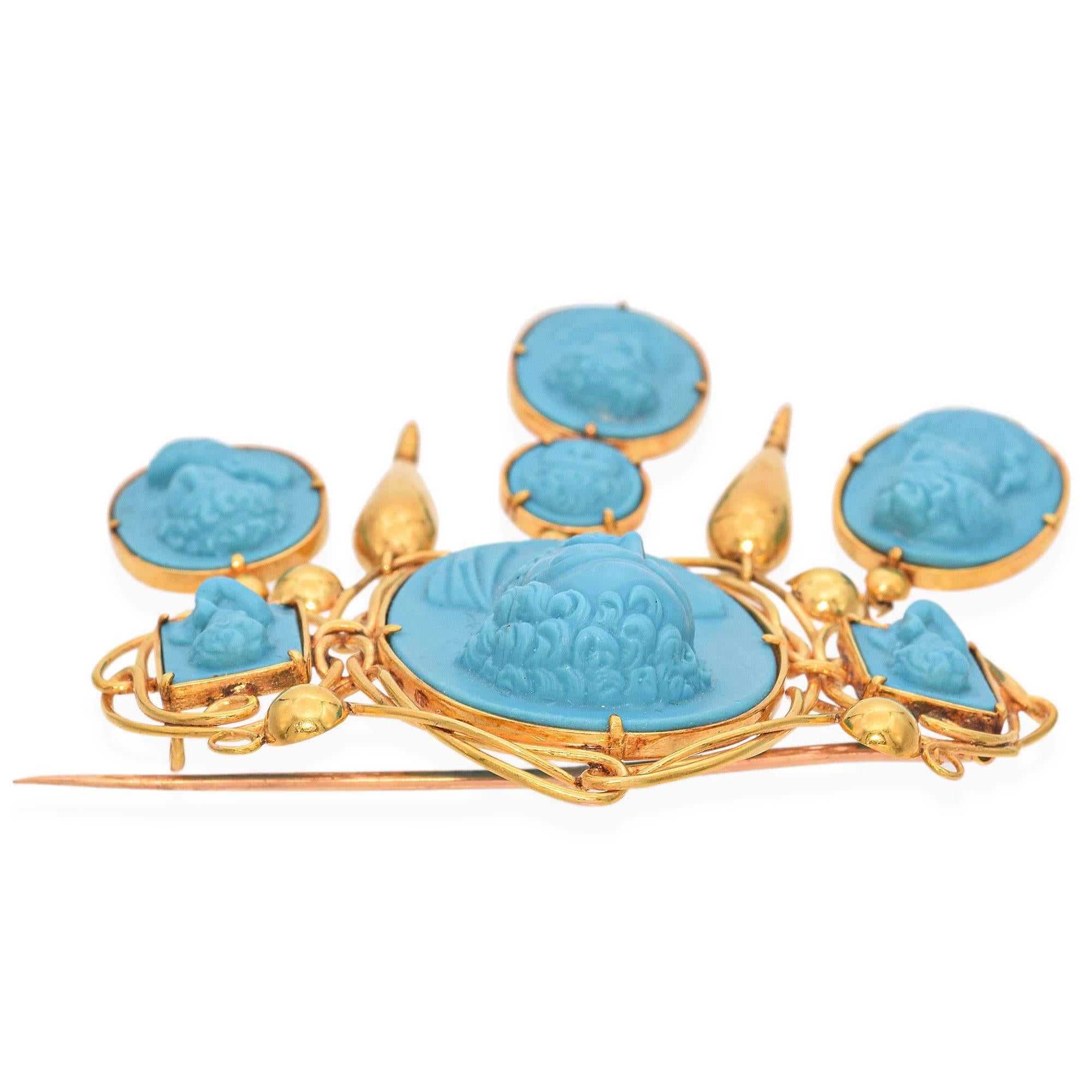 Antique 15K Yellow Gold Demosthenes & the 3 Ages of Life Turquoise Cameo Brooch For Sale 1