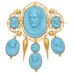 Broche antiguo de oro amarillo de 15 quilates Demóstenes y las 3 edades de la vida Camafeo de turquesa