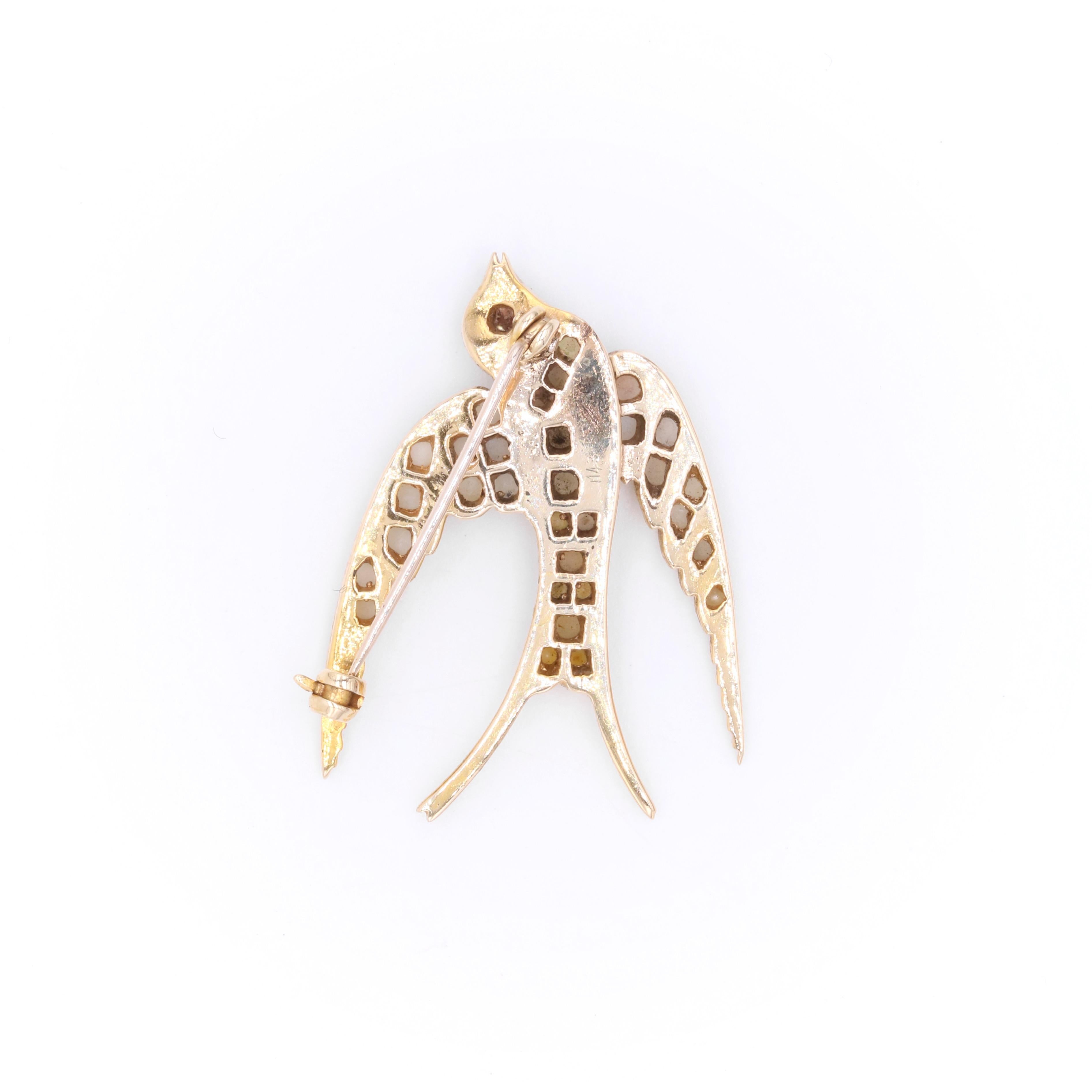 Antique 15K Yellow Gold Emerald, Ruby and Pearl Swallow Brooch For Sale 4