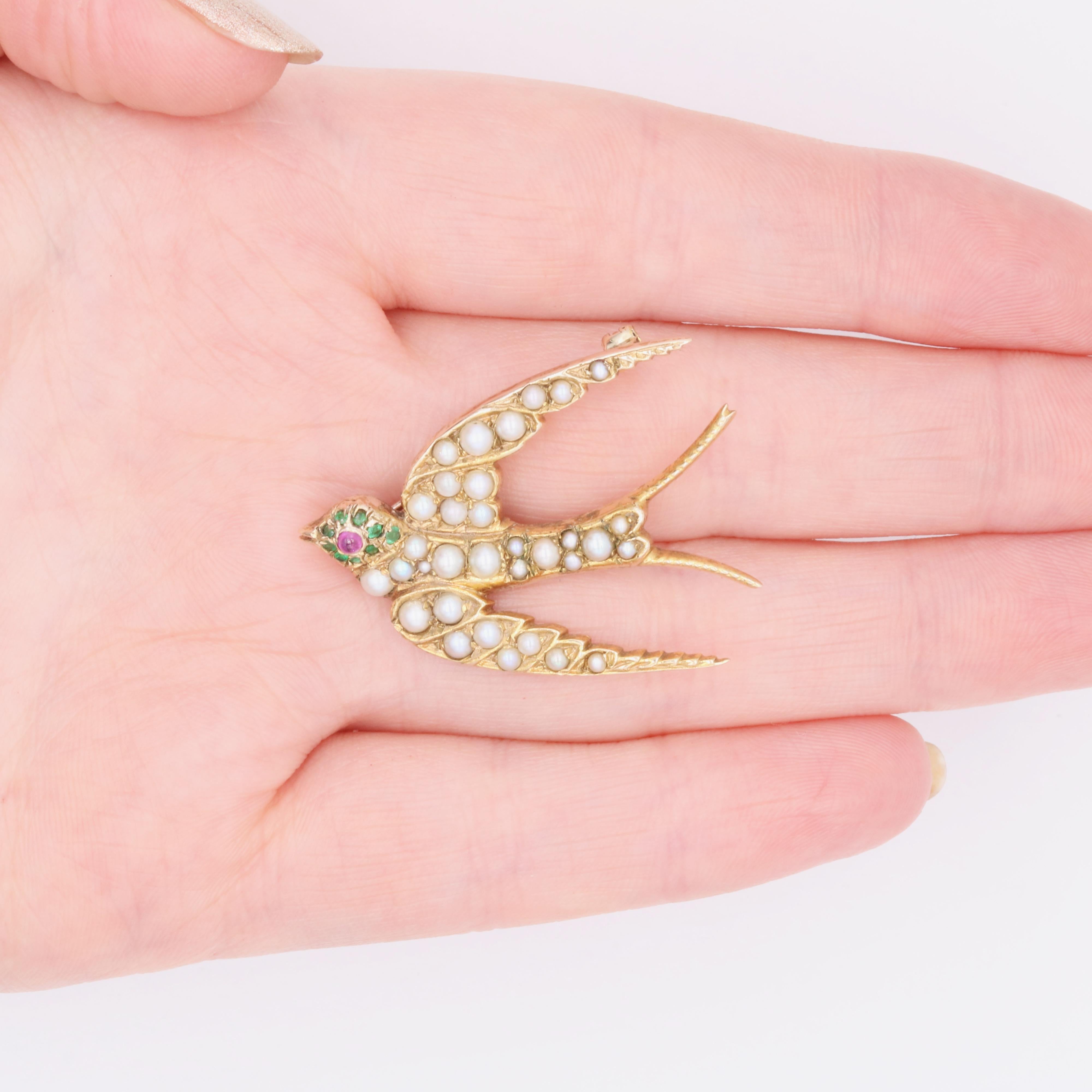 Antique 15K Yellow Gold Emerald, Ruby and Pearl Swallow Brooch For Sale 5