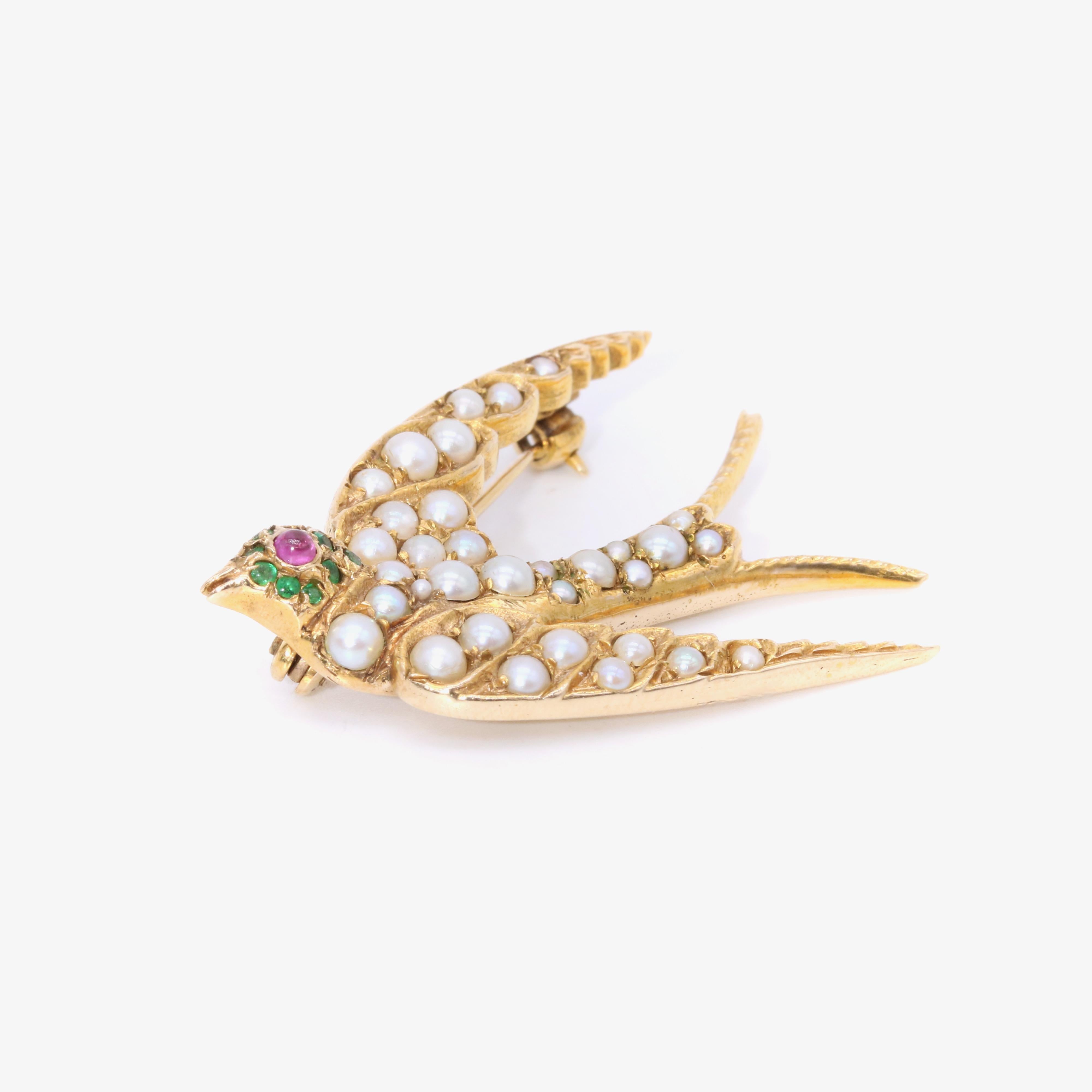 Women's or Men's Antique 15K Yellow Gold Emerald, Ruby and Pearl Swallow Brooch For Sale