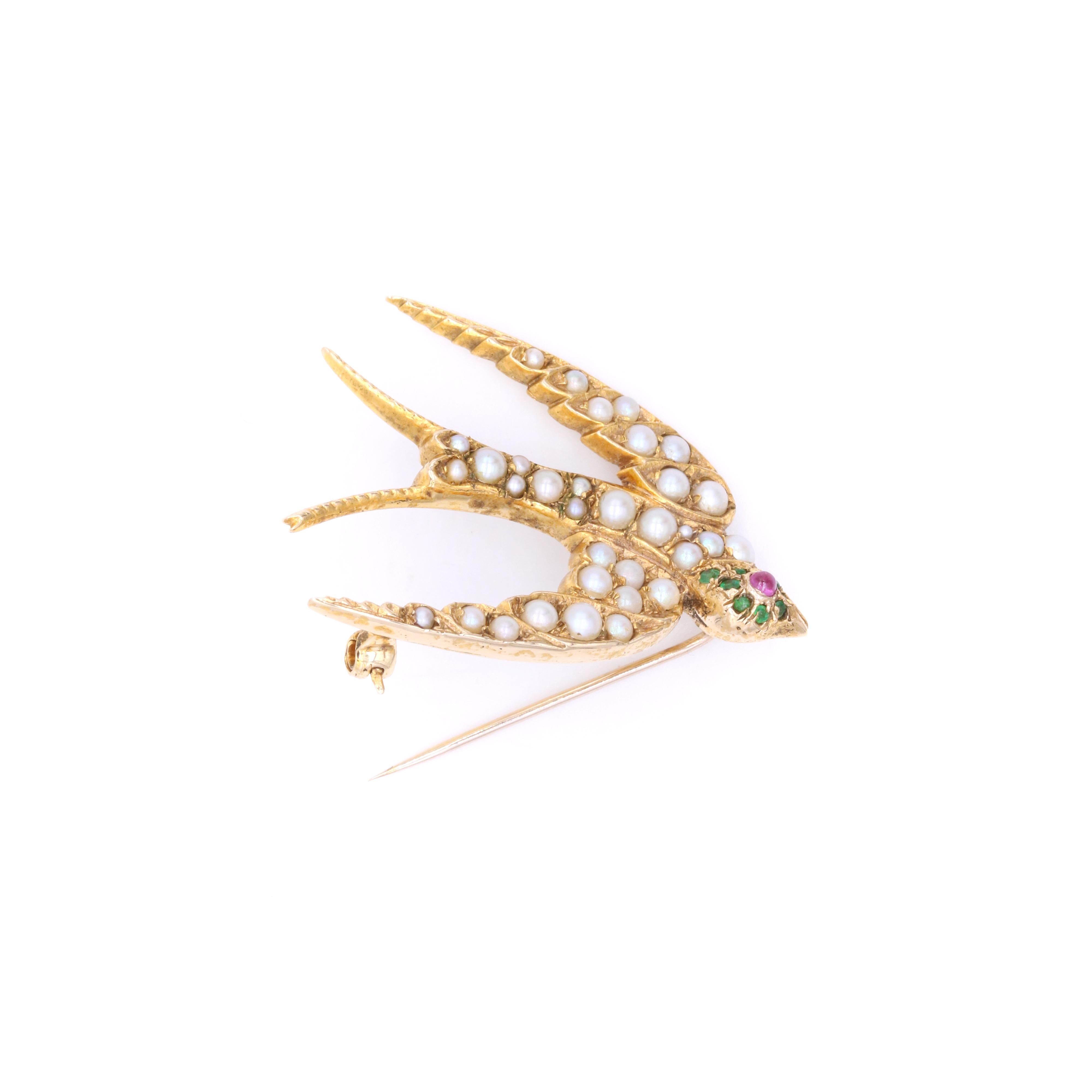 Antique 15K Yellow Gold Emerald, Ruby and Pearl Swallow Brooch For Sale 3