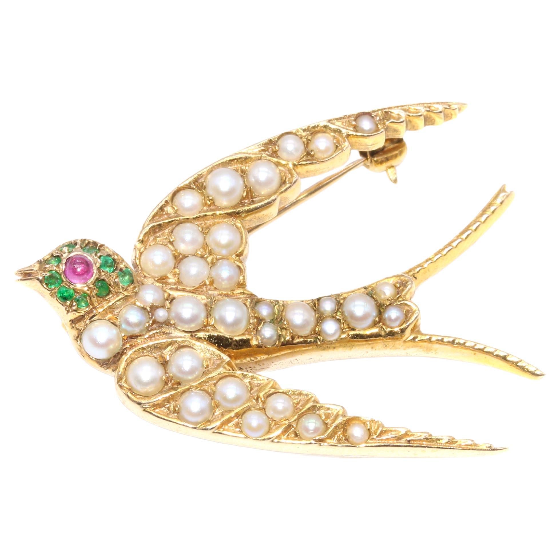 Antique 15K Yellow Gold Emerald, Ruby and Pearl Swallow Brooch