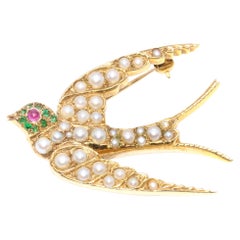 Antique 15K Yellow Gold Emerald, Ruby and Pearl Swallow Brooch