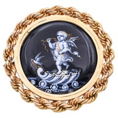 Antique 15k Yellow Gold French Enamel Miniature "Cherub on Shell"  Brooch