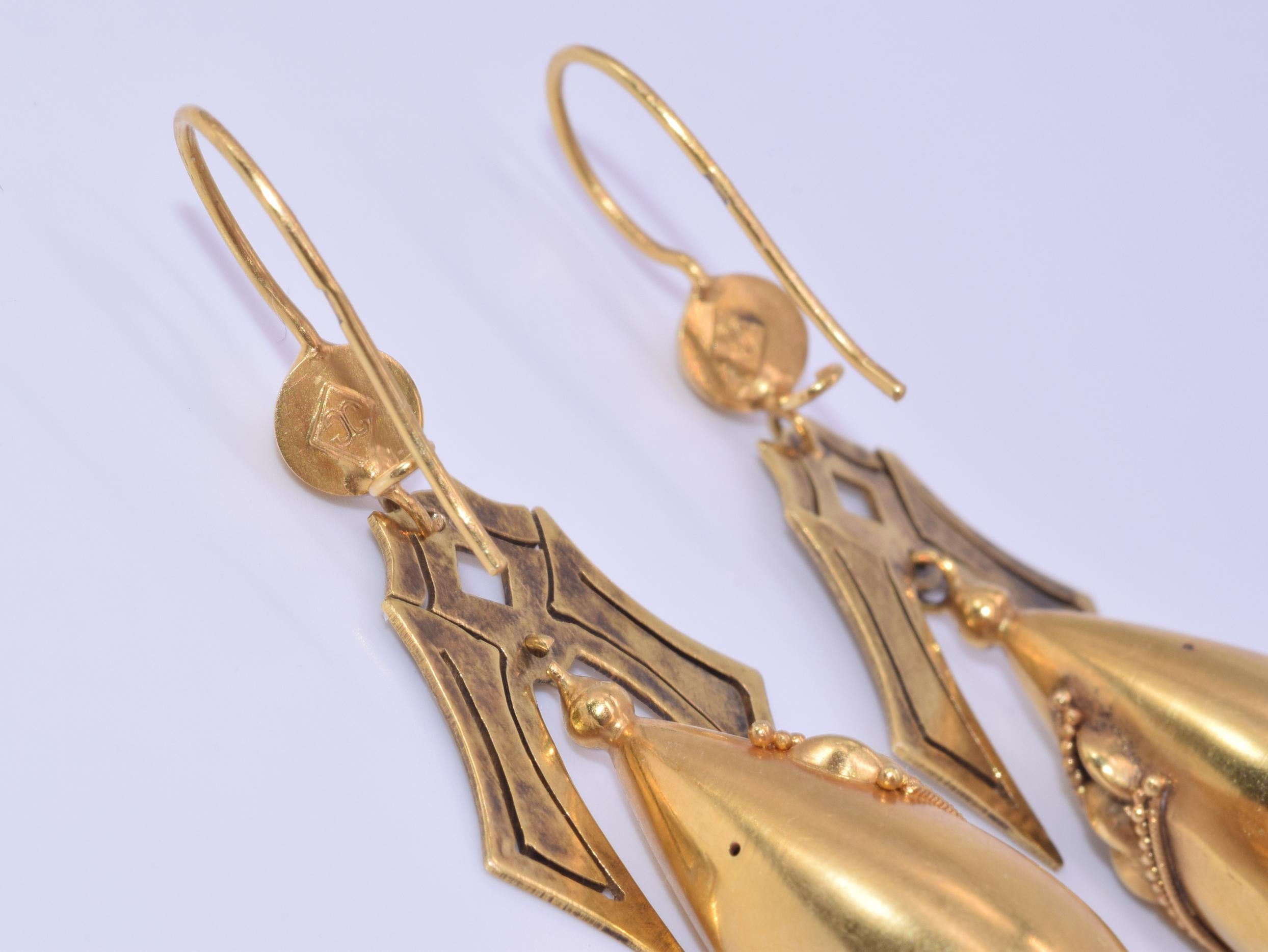 Victorian Antique 15 Karat Gold Hollowform Pendant Earrings by Castellani, circa 1870s