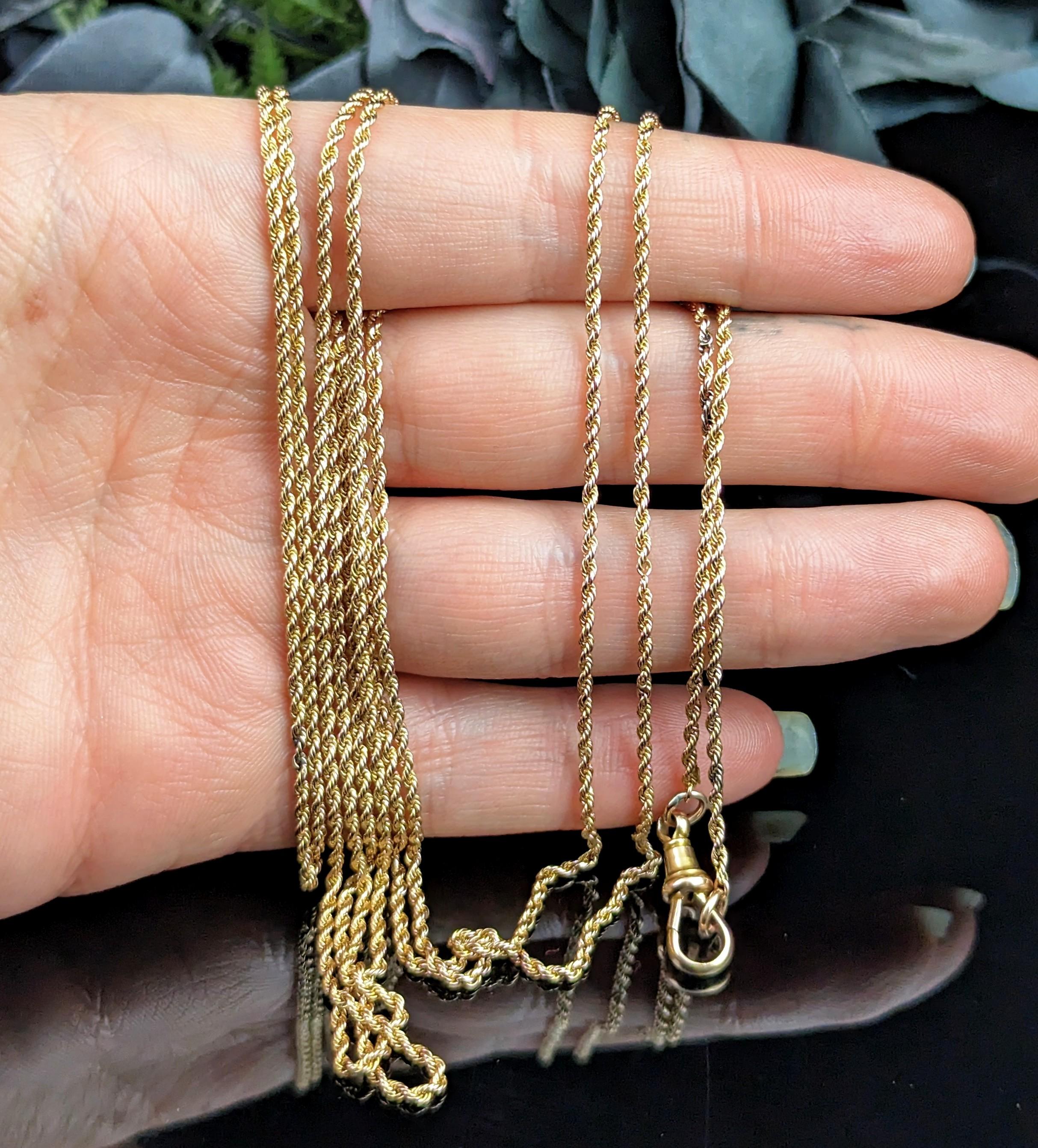 Antique 15k Yellow Gold Long Chain Necklace, Longuard, Rope Twist Link For Sale 3