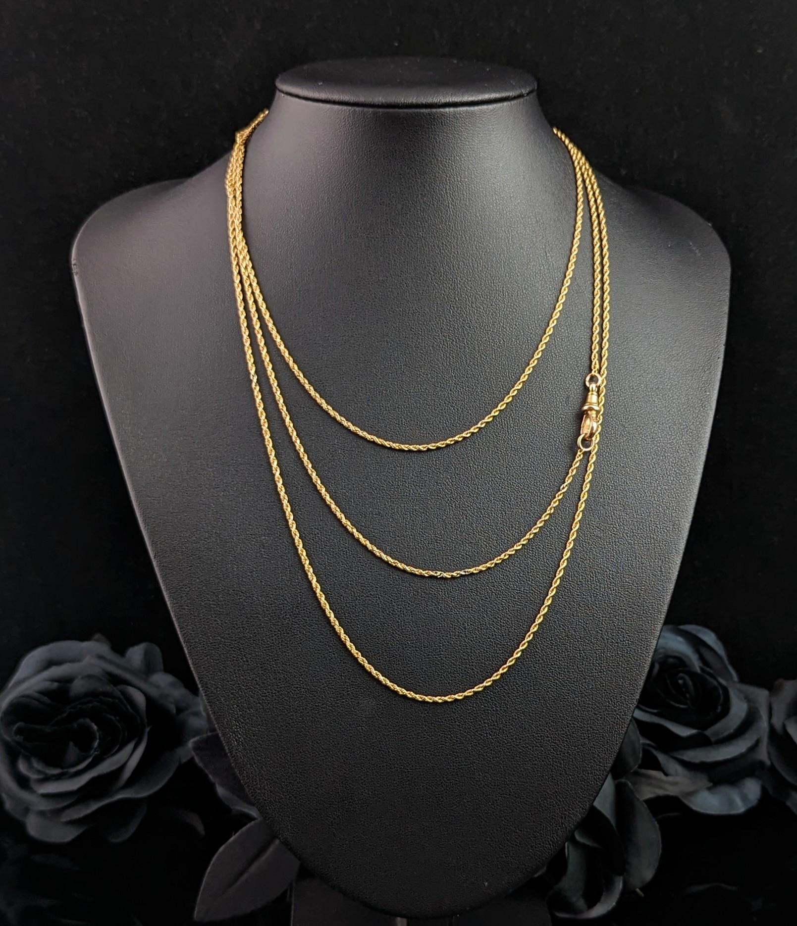 Antique 15k Yellow Gold Long Chain Necklace, Longuard, Rope Twist Link For Sale 4