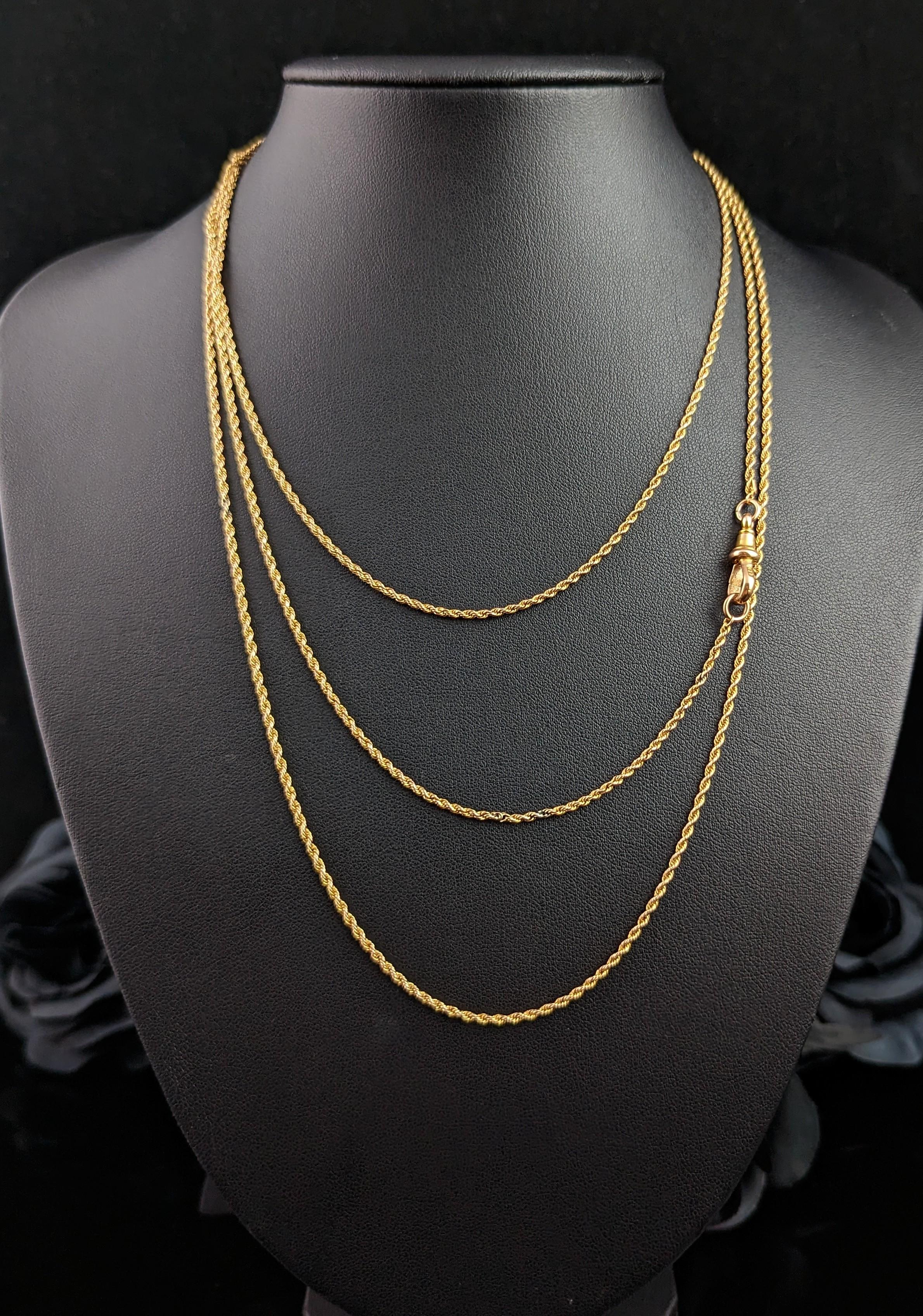 Antique 15k Yellow Gold Long Chain Necklace, Longuard, Rope Twist Link For Sale 5