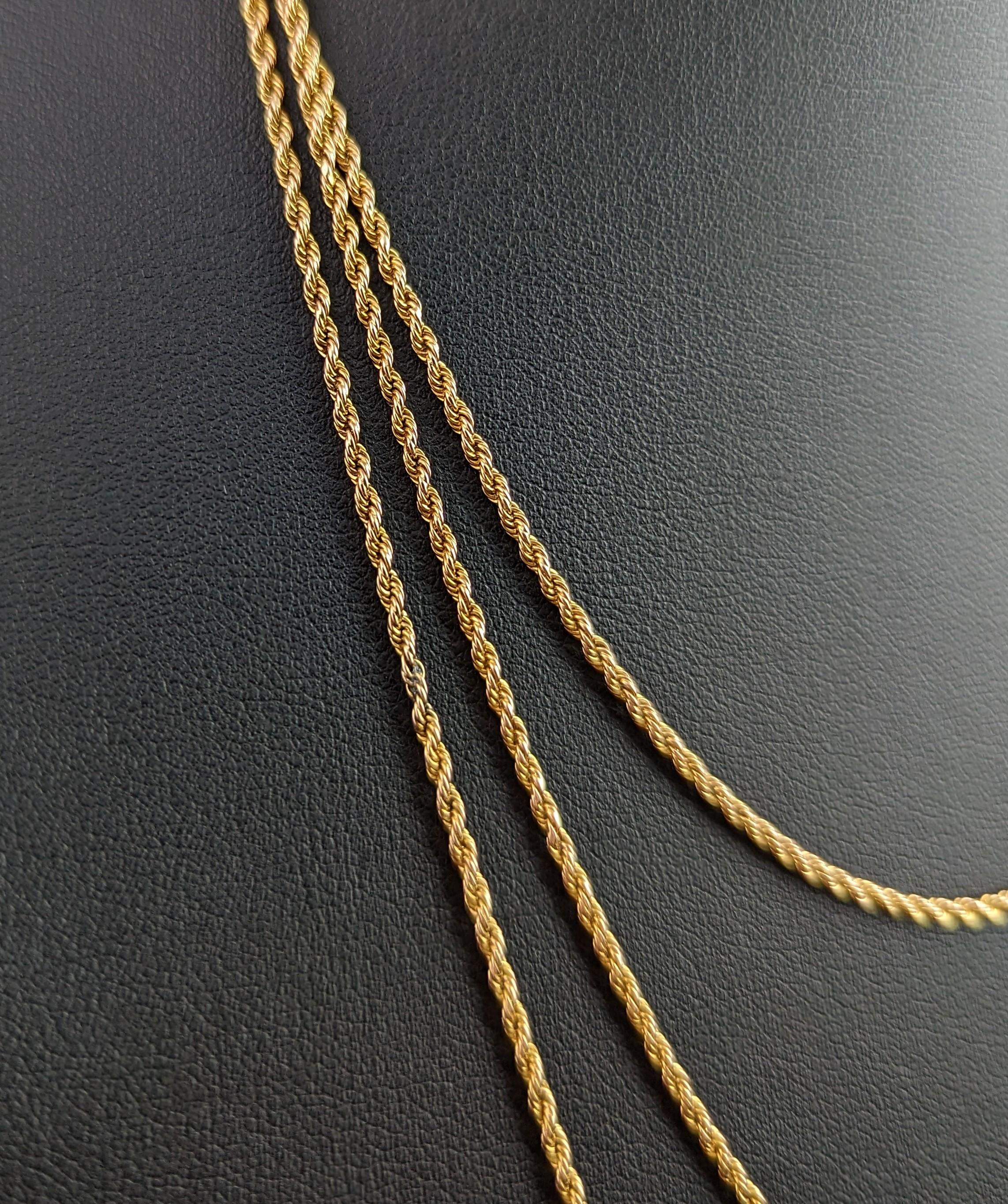 Antique 15k Yellow Gold Long Chain Necklace, Longuard, Rope Twist Link For Sale 6