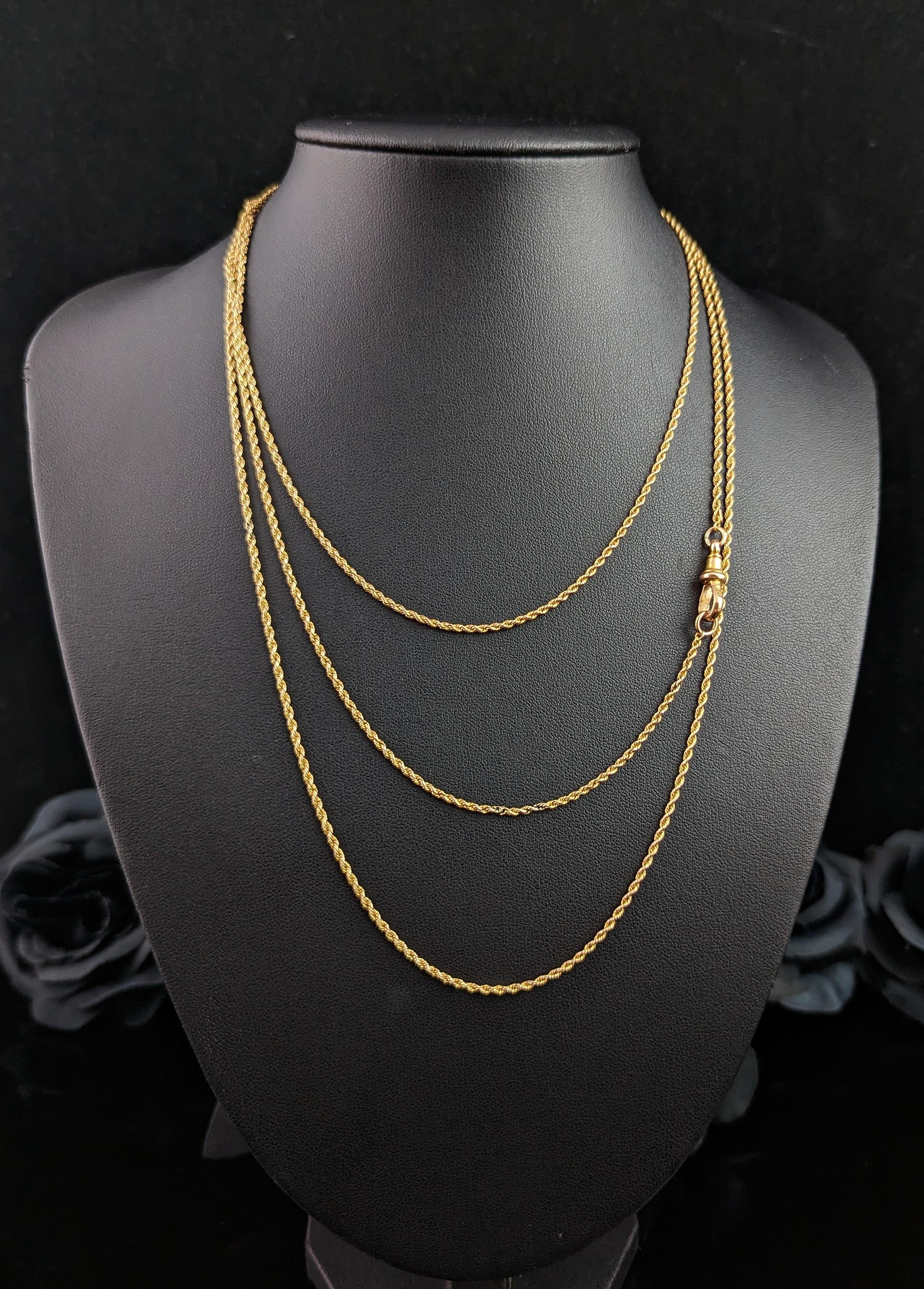 You can't go wrong with a beautiful antique long chain like this Edwardian 15kt gold longuard chain necklace.

The lush, rich 15kt gold is warm and and inviting with a hue that is highly sought after and 15kt gold pieces are always in high demand