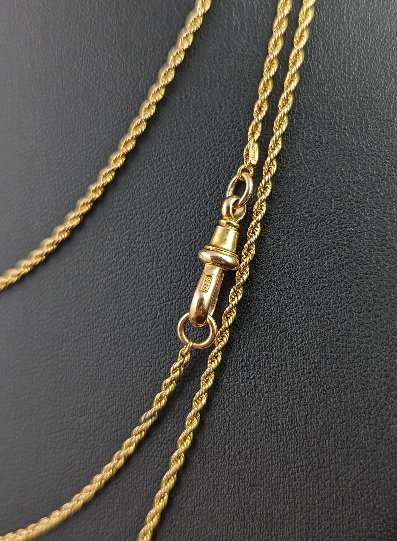 Edwardian Antique 15k Yellow Gold Long Chain Necklace, Longuard, Rope Twist Link For Sale